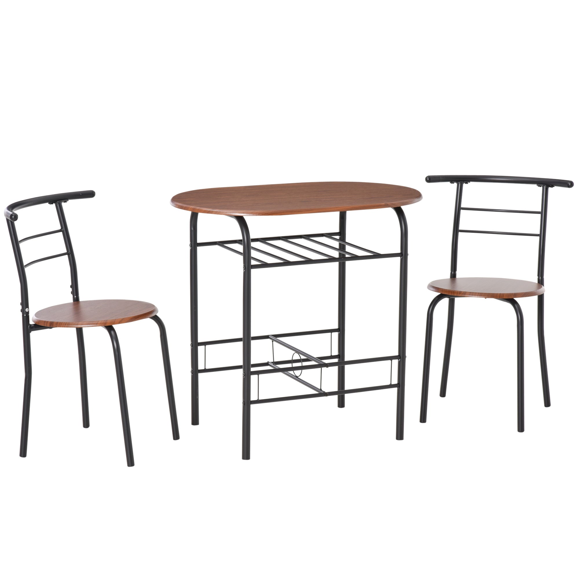 HOMCOM 3-Piece Dining Table Set, Oval Kitchen Table and 2 Chairs, Small Breakfast Table Set with Metal Frame, Built-in Wine Rack for Small Space, Dining Room, Living Room, 31.5