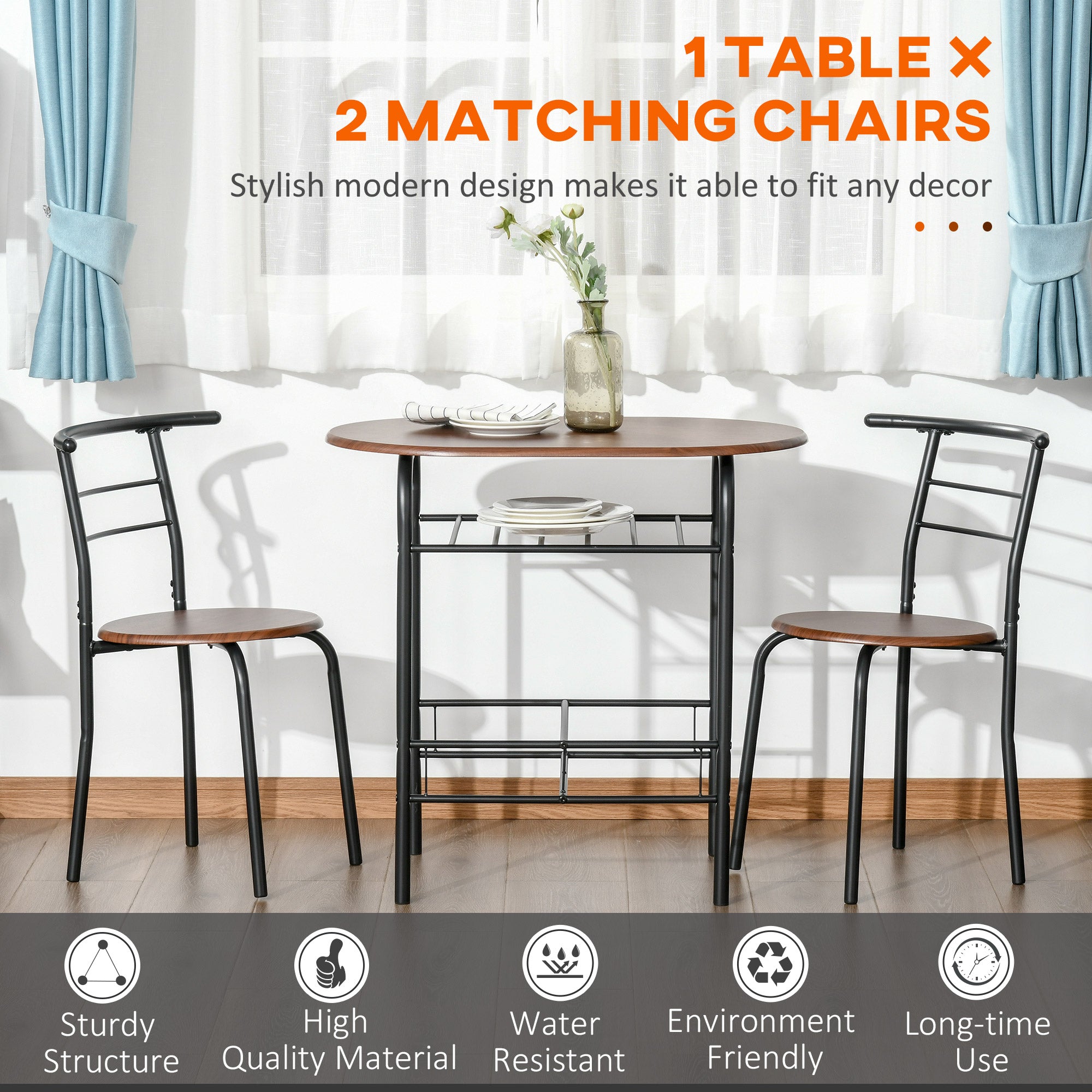 HOMCOM 3-Piece Dining Table Set, Oval Kitchen Table and 2 Chairs, Small Breakfast Table Set with Metal Frame, Built-in Wine Rack for Small Space, Dining Room, Living Room, 31.5