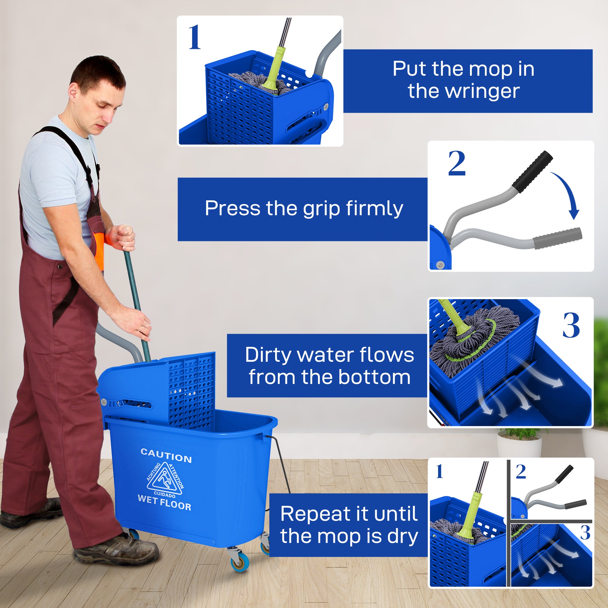 HOMCOM Mop Bucket with Wringer on Wheels for Floor Cleaning, 5 Gallon, Separate Dirty and Clean Water, Blue