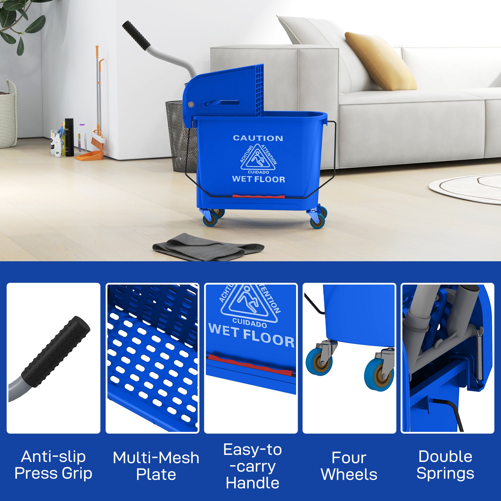 HOMCOM Mop Bucket with Wringer on Wheels for Floor Cleaning, 5 Gallon, Separate Dirty and Clean Water, Blue