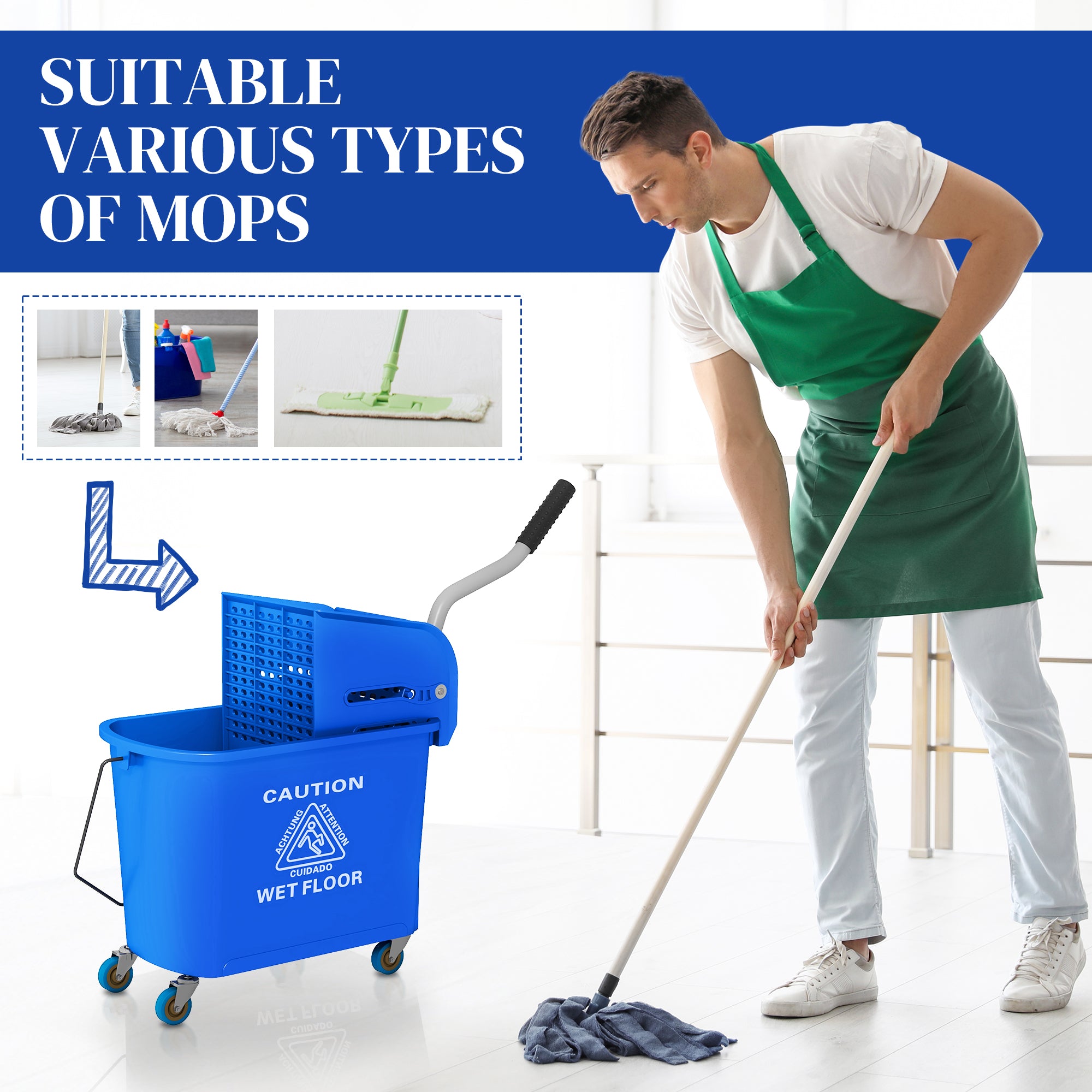 HOMCOM Mop Bucket with Wringer on Wheels for Floor Cleaning, 5 Gallon, Separate Dirty and Clean Water, Blue