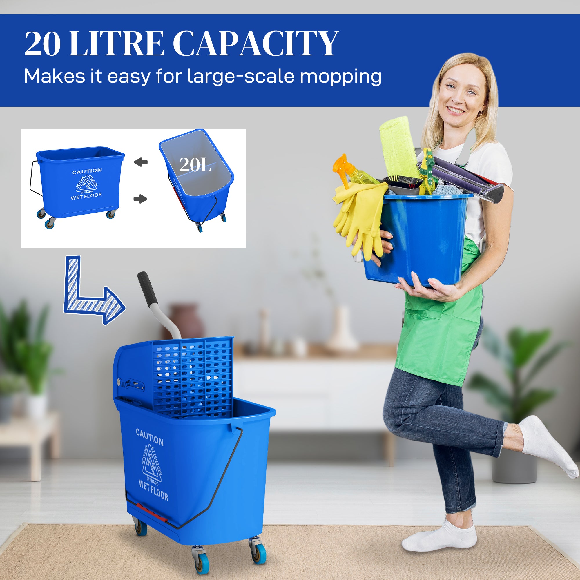 HOMCOM Mop Bucket with Wringer on Wheels for Floor Cleaning, 5 Gallon, Separate Dirty and Clean Water, Blue