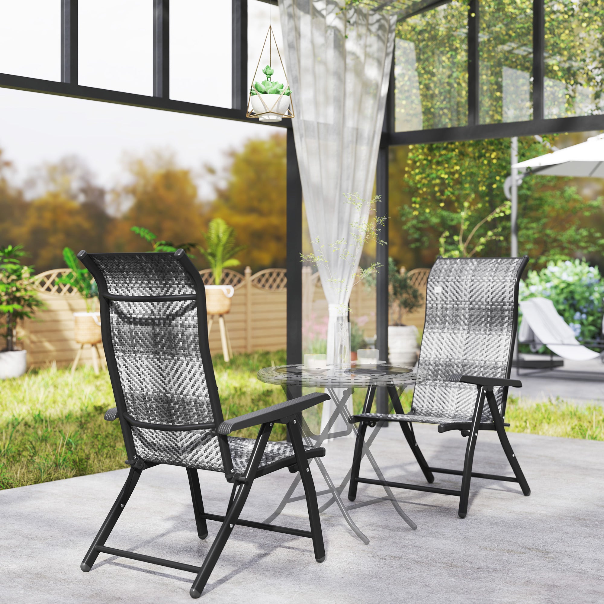 Outsunny Set of 2 Outdoor Wicker Folding Chairs, Patio PE Rattan Dining Armrests Chair set with 7 Levels Adjustable Backrest, for Outdoors, Camping, Mixed Grey
