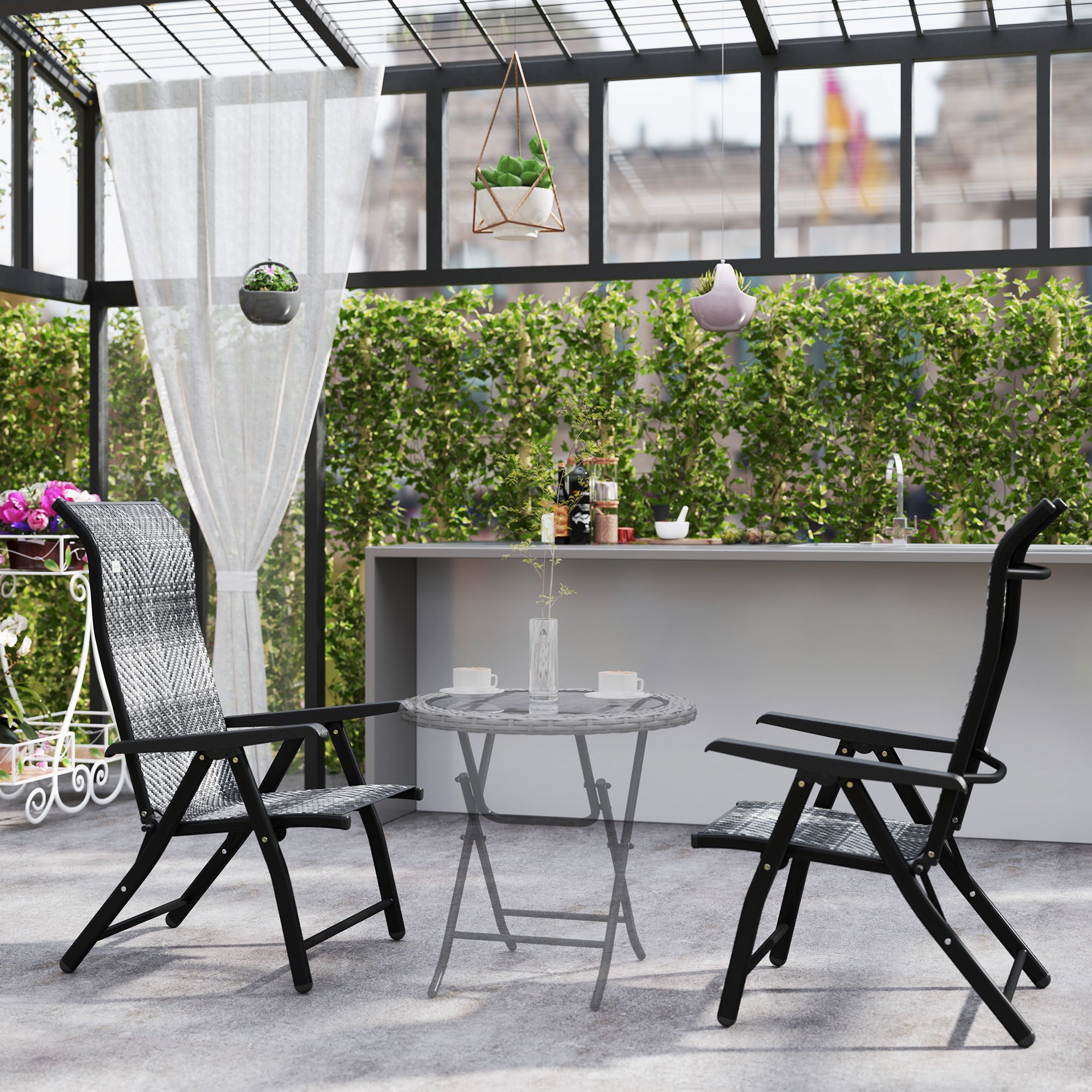 Outsunny Set of 2 Outdoor Wicker Folding Chairs, Patio PE Rattan Dining Armrests Chair set with 7 Levels Adjustable Backrest, for Outdoors, Camping, Mixed Grey