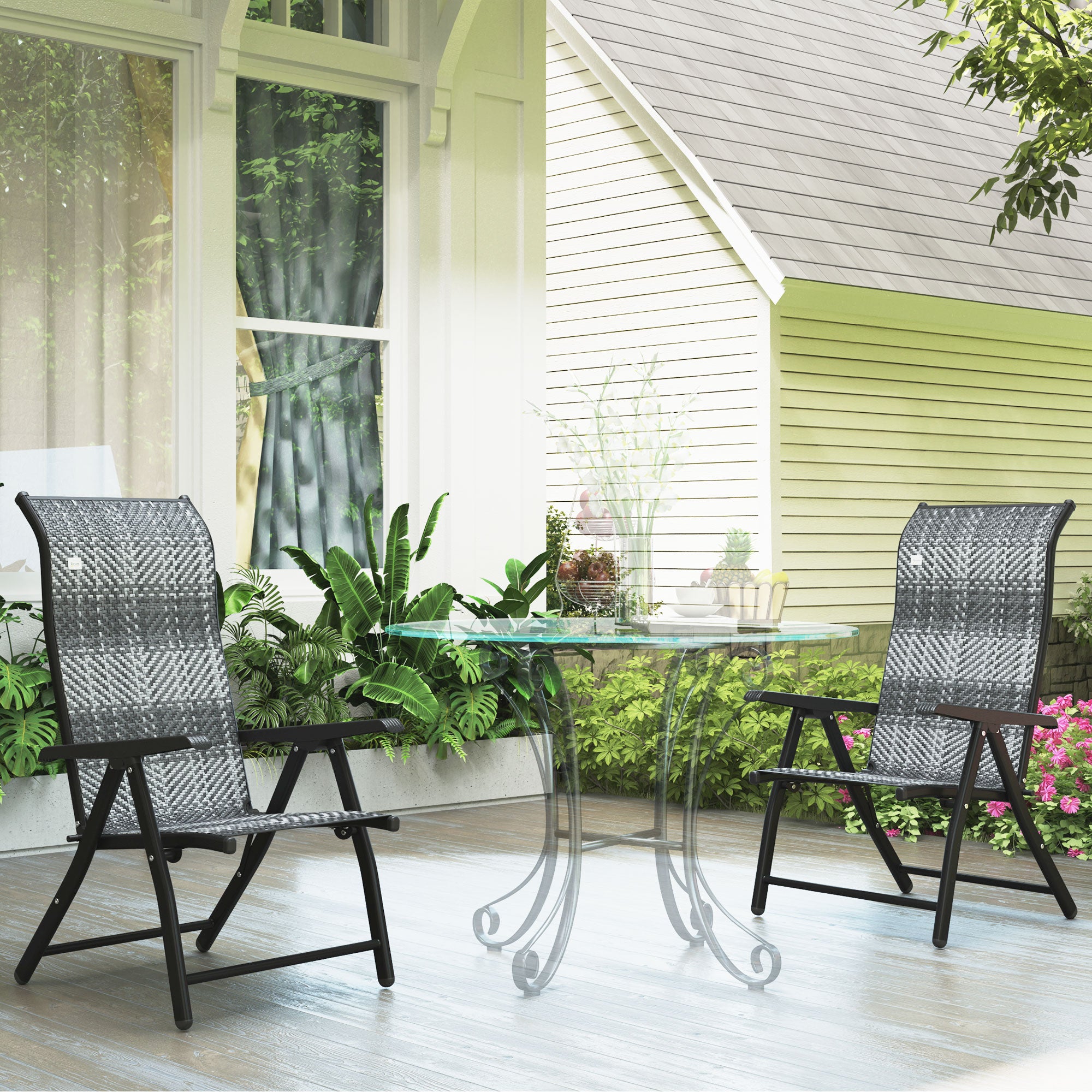 Outsunny Set of 2 Outdoor Wicker Folding Chairs, Patio PE Rattan Dining Armrests Chair set with 7 Levels Adjustable Backrest, for Outdoors, Camping, Mixed Grey
