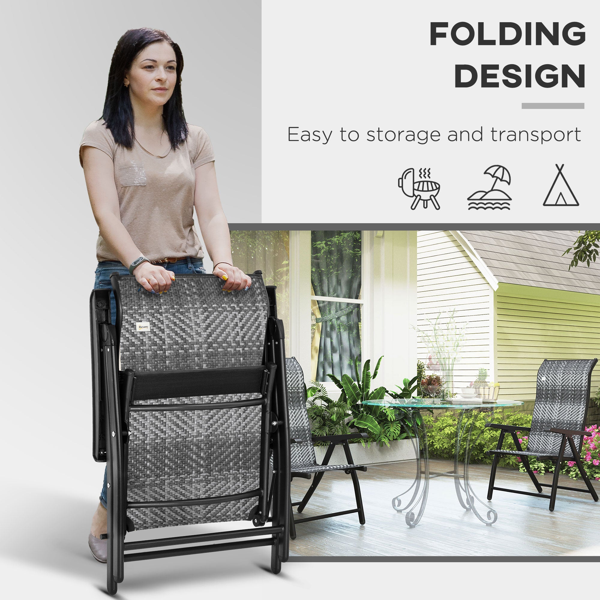 Outsunny Set of 2 Outdoor Wicker Folding Chairs, Patio PE Rattan Dining Armrests Chair set with 7 Levels Adjustable Backrest, for Outdoors, Camping, Mixed Grey