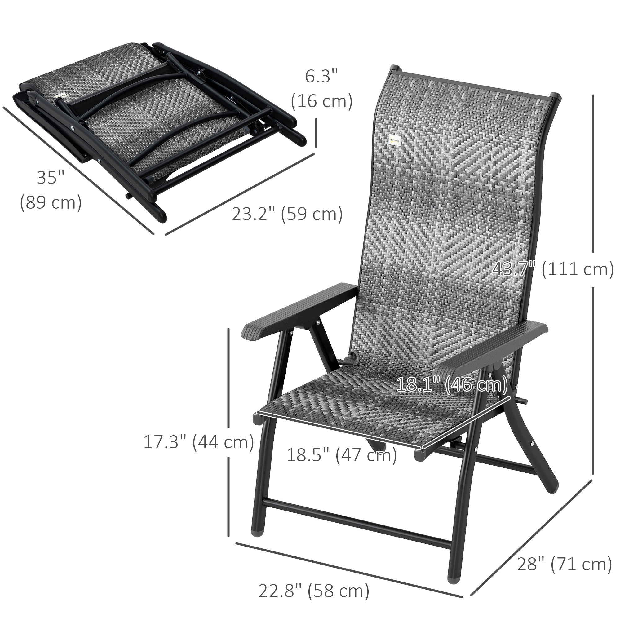 Outsunny Set of 2 Outdoor Wicker Folding Chairs, Patio PE Rattan Dining Armrests Chair set with 7 Levels Adjustable Backrest, for Outdoors, Camping, Mixed Grey