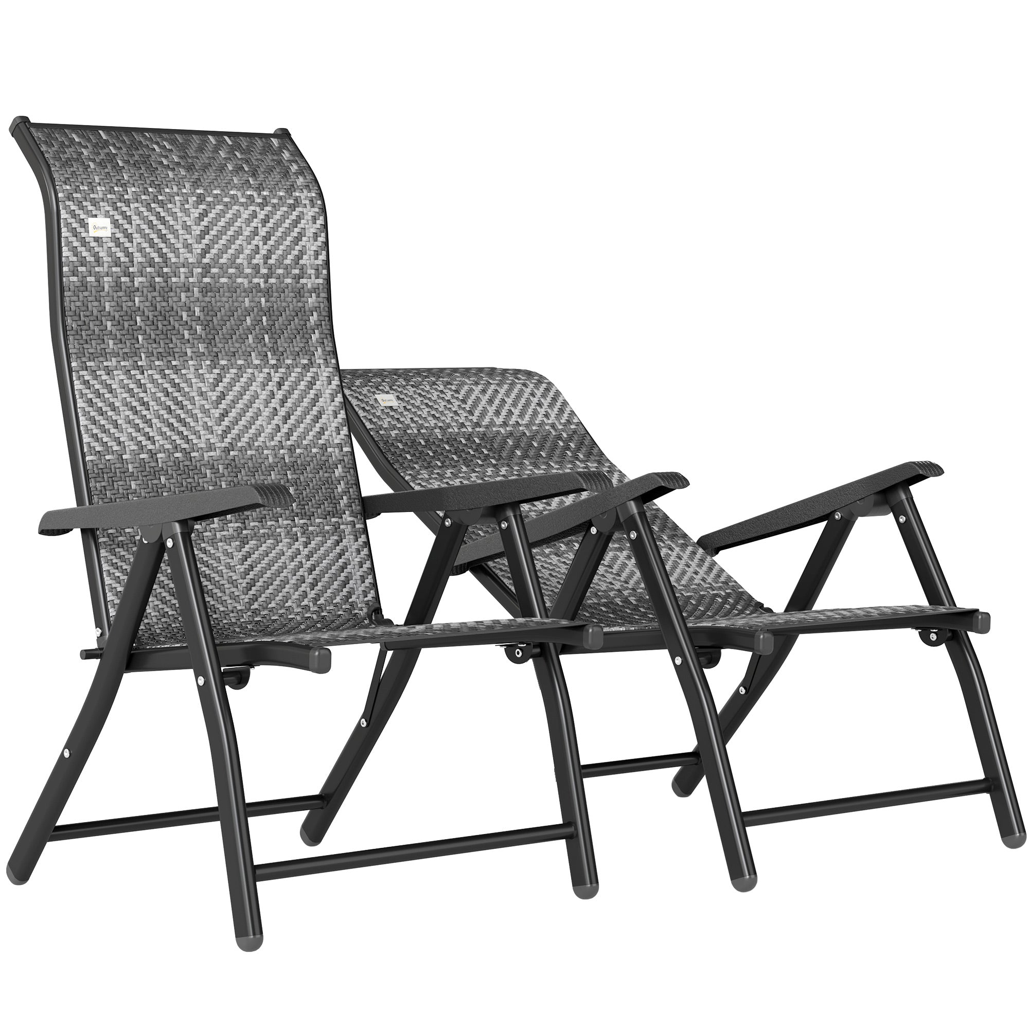 Outsunny Set of 2 Outdoor Wicker Folding Chairs, Patio PE Rattan Dining Armrests Chair set with 7 Levels Adjustable Backrest, for Outdoors, Camping, Mixed Grey