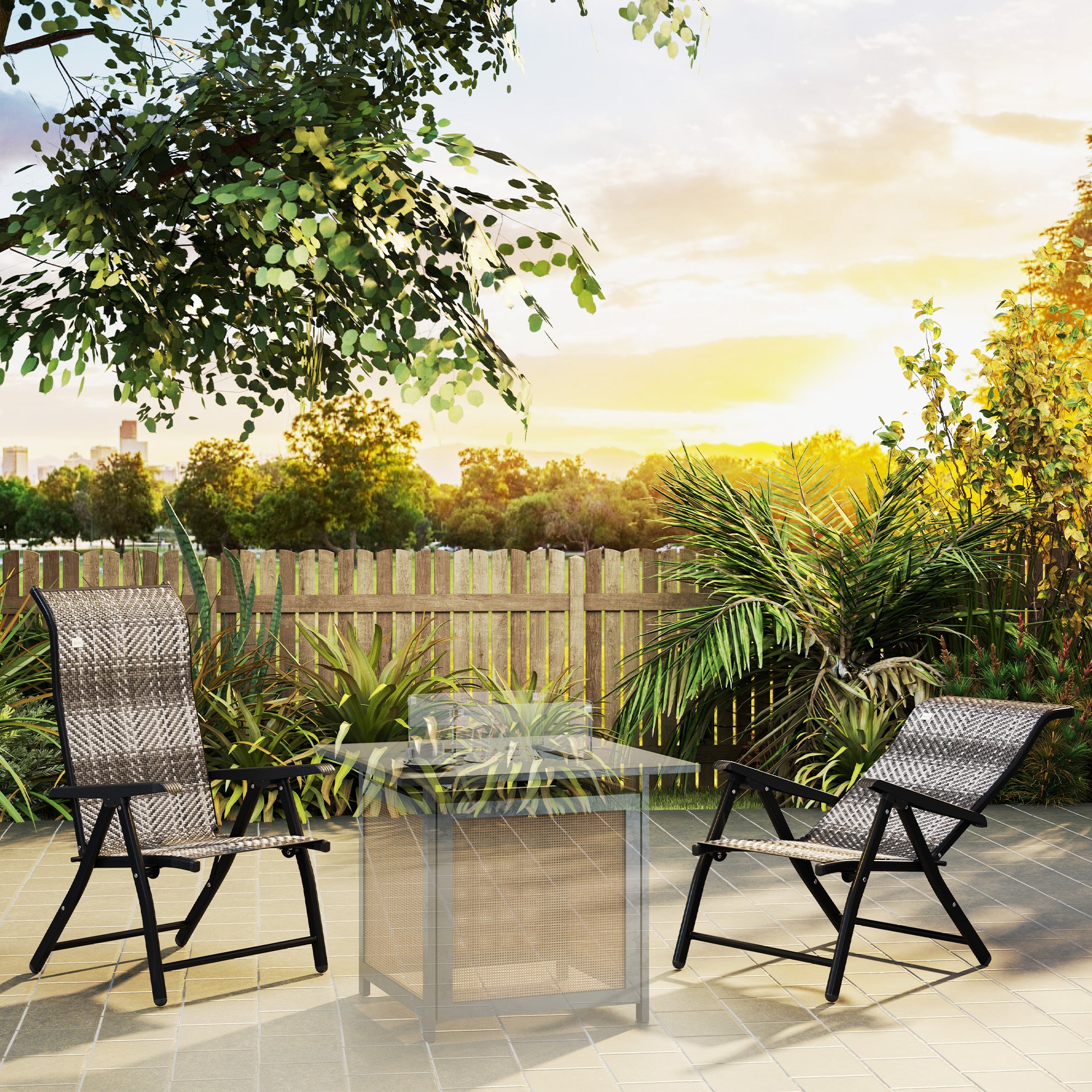 Outsunny Set of 2 Outdoor Wicker Folding Chairs, Patio PE Rattan Dining Armrests Chair set with 7 Levels Adjustable Backrest, for Outdoors, Camping, Mixed Grey