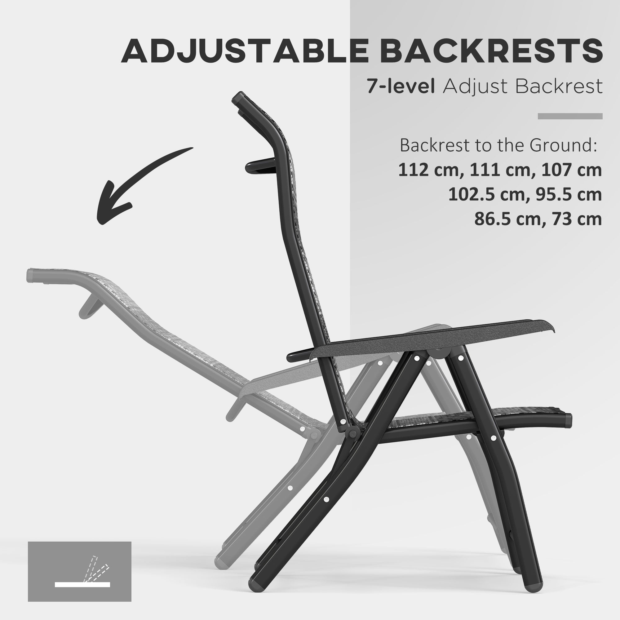 Outsunny Set of 2 Outdoor Wicker Folding Chairs, Patio PE Rattan Dining Armrests Chair set with 7 Levels Adjustable Backrest, for Outdoors, Camping, Mixed Grey