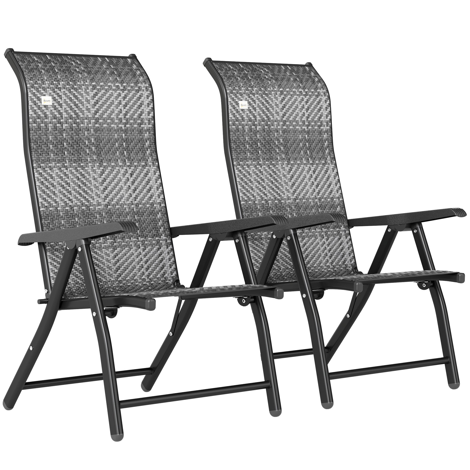 Outsunny Set of 2 Outdoor Wicker Folding Chairs, Patio PE Rattan Dining Armrests Chair set with 7 Levels Adjustable Backrest, for Outdoors, Camping, Mixed Grey