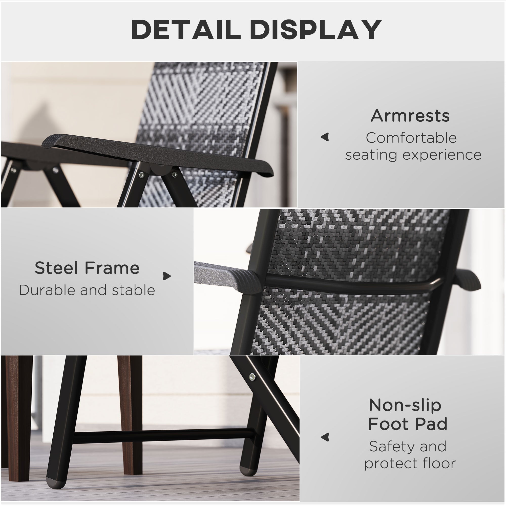 Outsunny Set of 2 Outdoor Wicker Folding Chairs, Patio PE Rattan Dining Armrests Chair set with 7 Levels Adjustable Backrest, for Outdoors, Camping, Mixed Grey