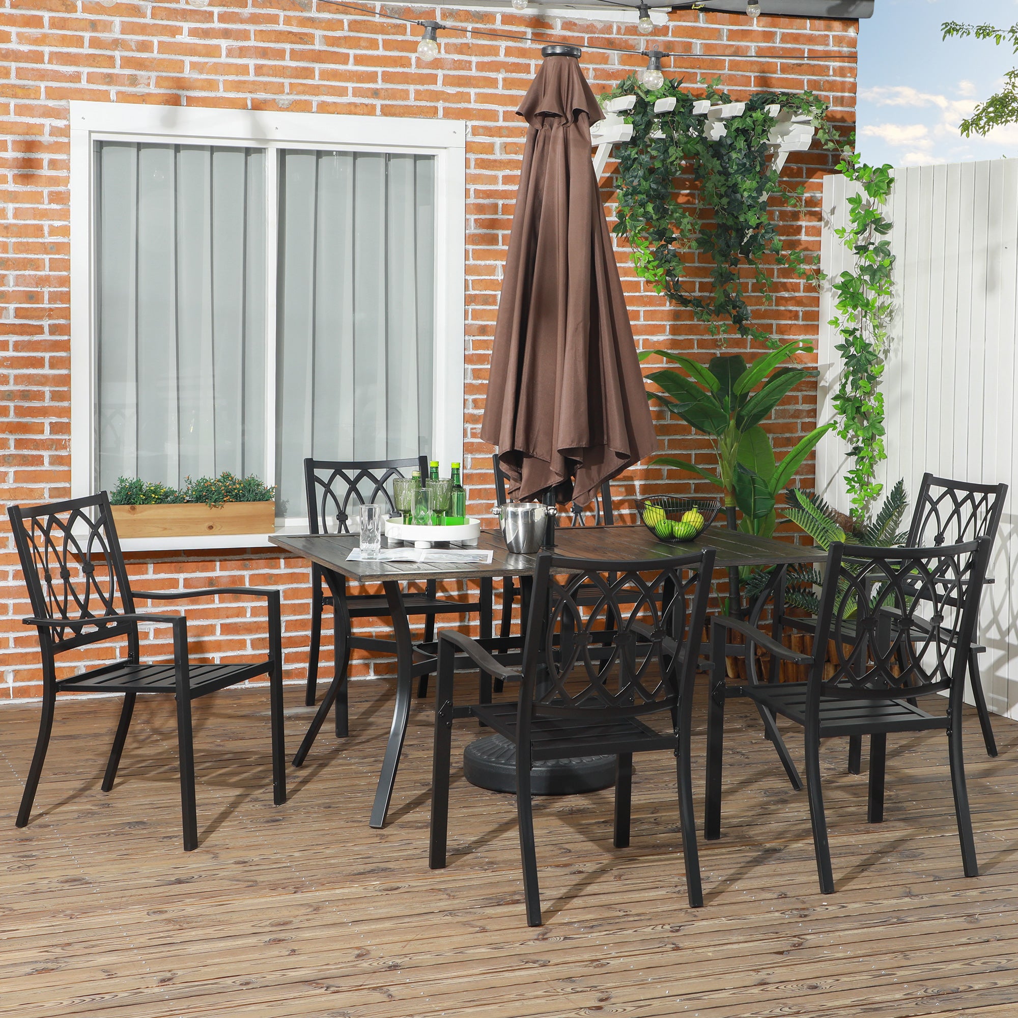 Outsunny 7 Pieces Patio Dining Set for 6 with Stackable Chairs, Outdoor Table and Chairs with Wood Grain Top, for Garden, Backyard, Porch, Brown