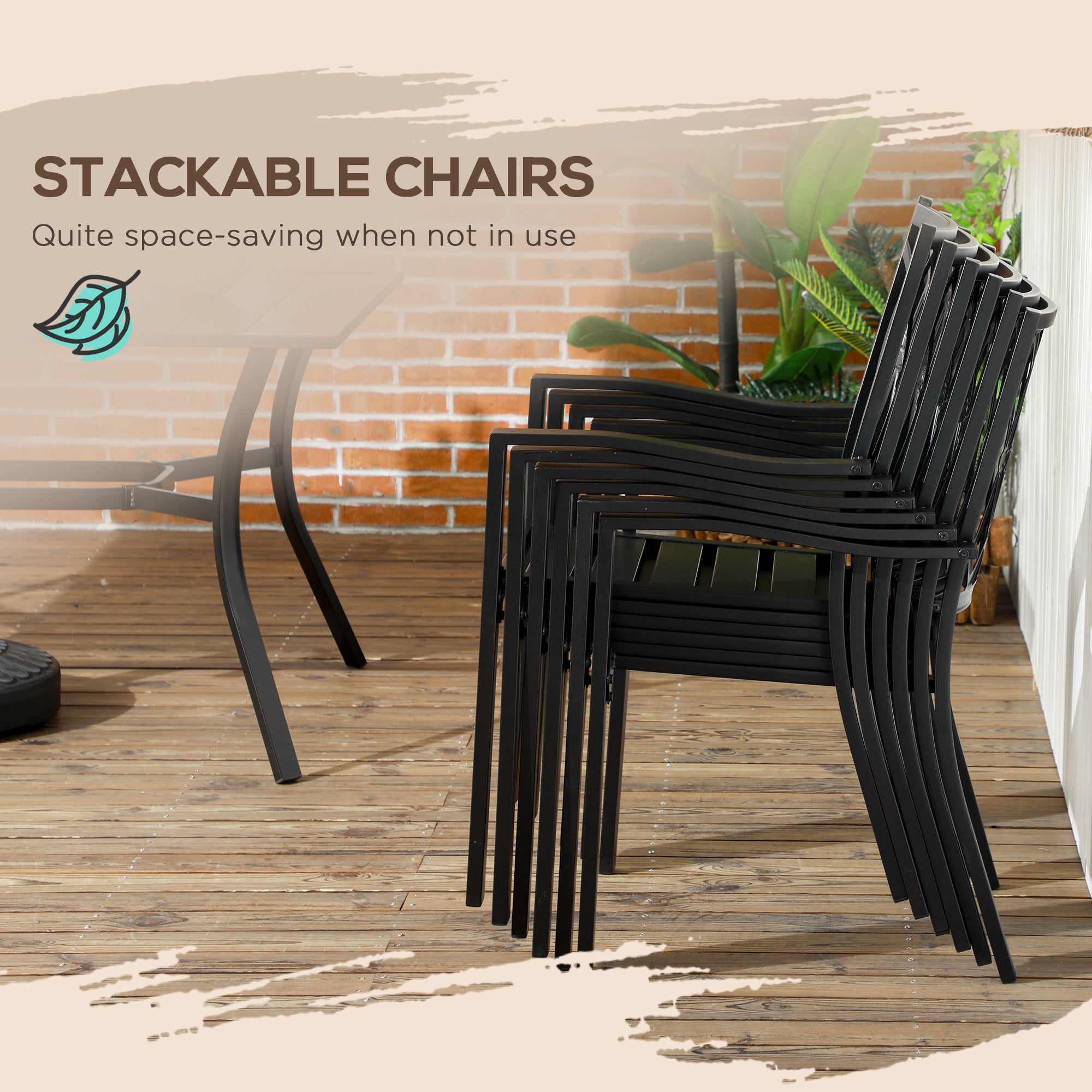 Outsunny 7 Pieces Patio Dining Set for 6 with Stackable Chairs, Outdoor Table and Chairs with Wood Grain Top, for Garden, Backyard, Porch, Brown