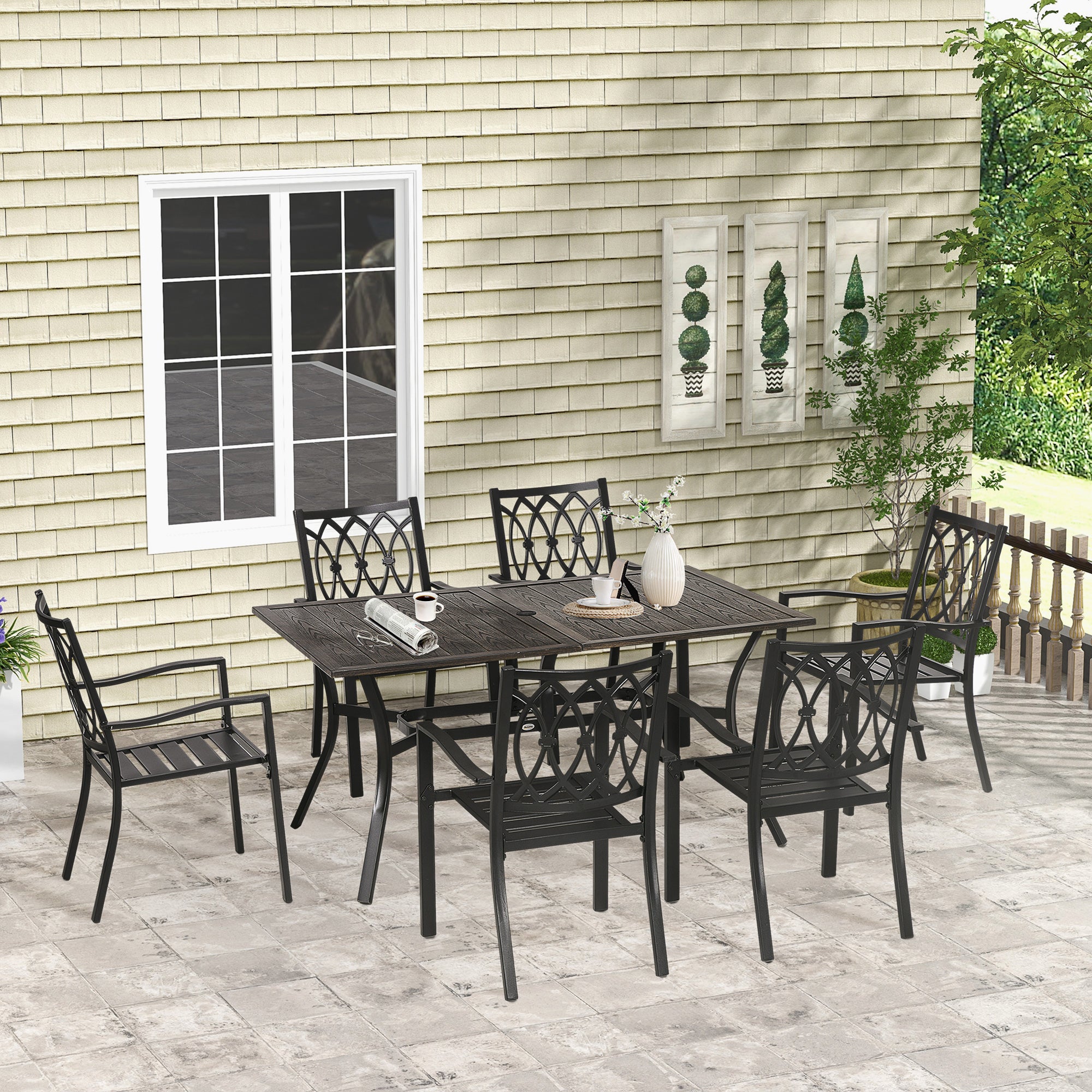 Outsunny 7 Pieces Patio Dining Set for 6 with Stackable Chairs, Outdoor Table and Chairs with Wood Grain Top, for Garden, Backyard, Porch, Brown