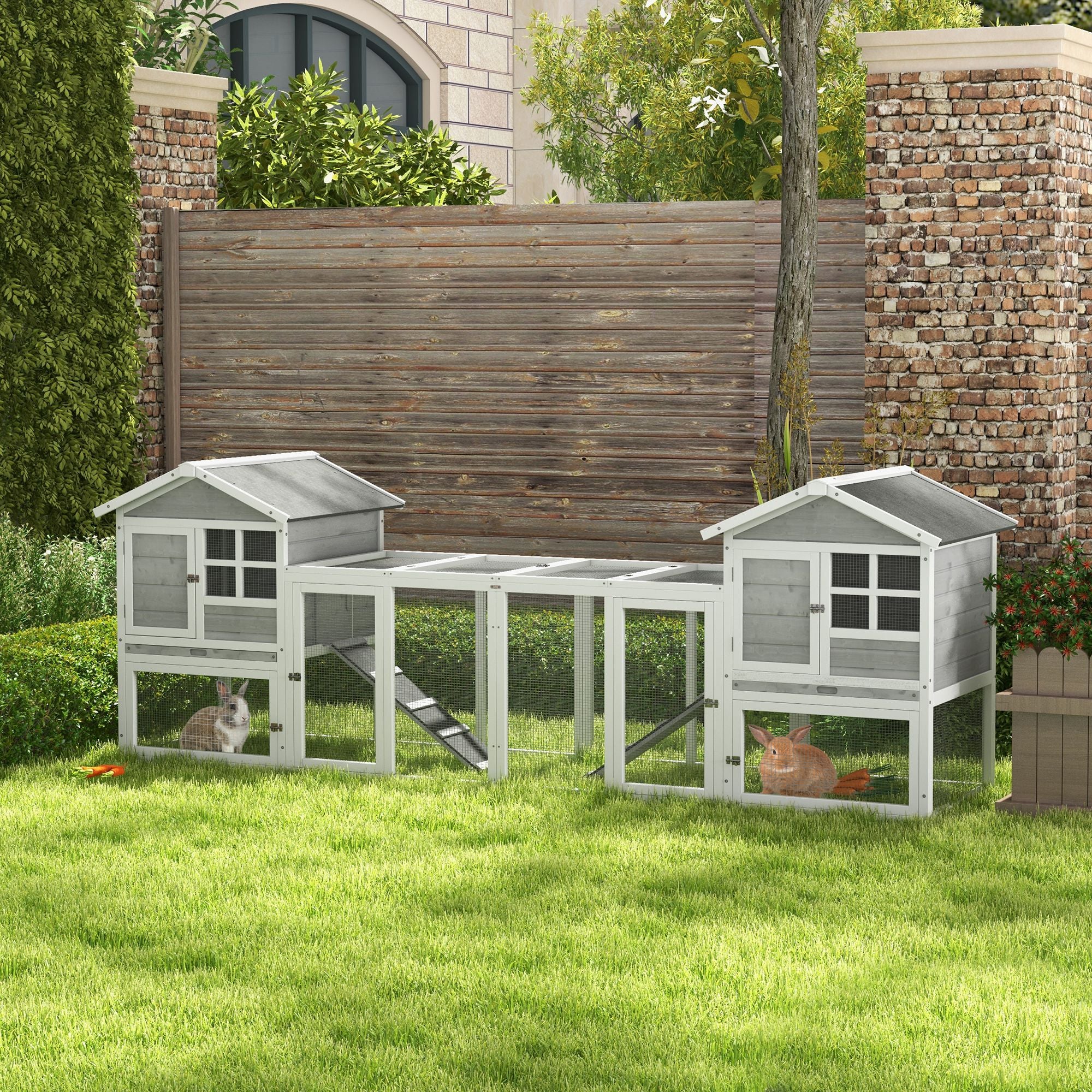 PawHut 102" 2 in 1 Wooden Rabbit Hutch Chicken Coop with Double Main House, Large Bunny House Pet Playpen Enclosure for Indoor Outdoor with Run Box, Slide-Out Tray, Ramp, for Small Animals, Grey
