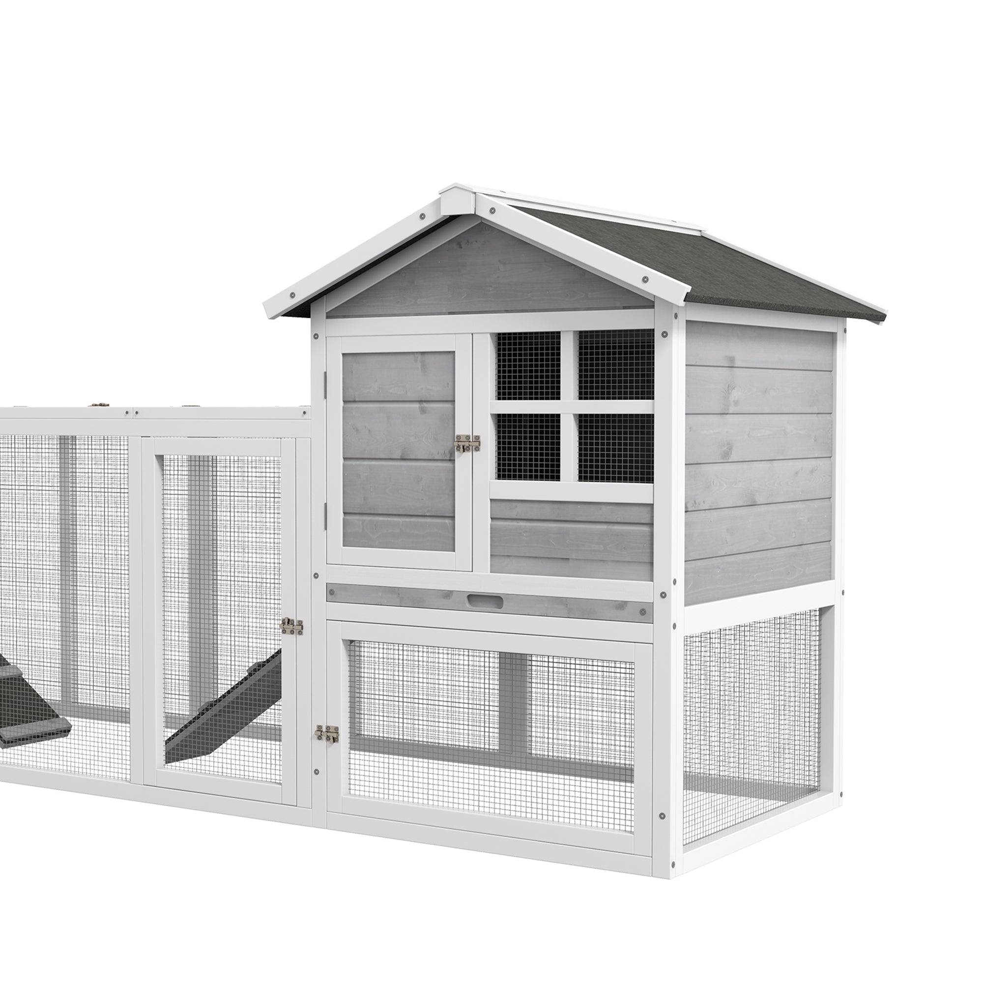 PawHut 102" 2 in 1 Wooden Rabbit Hutch Chicken Coop with Double Main House, Large Bunny House Pet Playpen Enclosure for Indoor Outdoor with Run Box, Slide-Out Tray, Ramp, for Small Animals, Grey