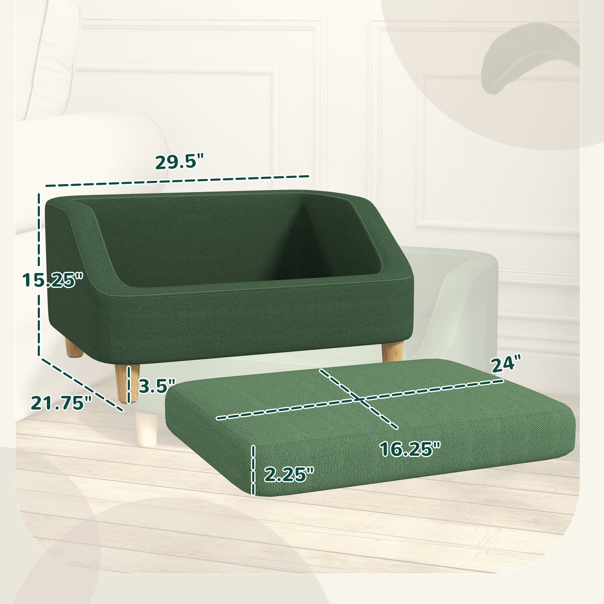 PawHut Dog Sofa Bed, Dog Couch Pet Bed for Small and Medium-Sized Dogs and Cats with Washable Cushion, Anti-Slip Pads, Dark Green