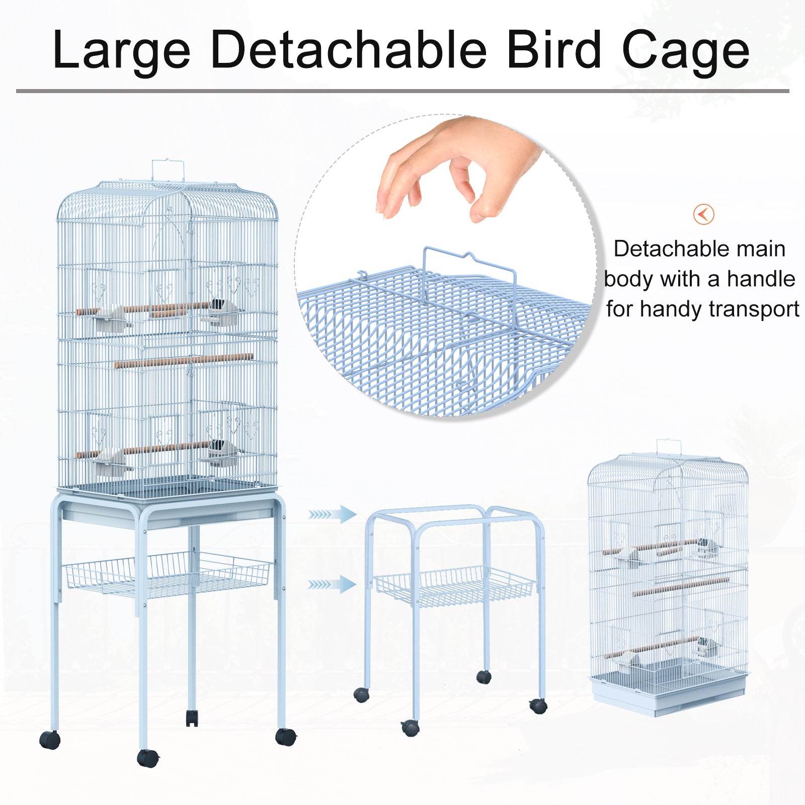 PawHut 60" Metal Indoor Bird Cage Starter Kit with Detachable Rolling Stand, Storage Basket, and Accessories, White
