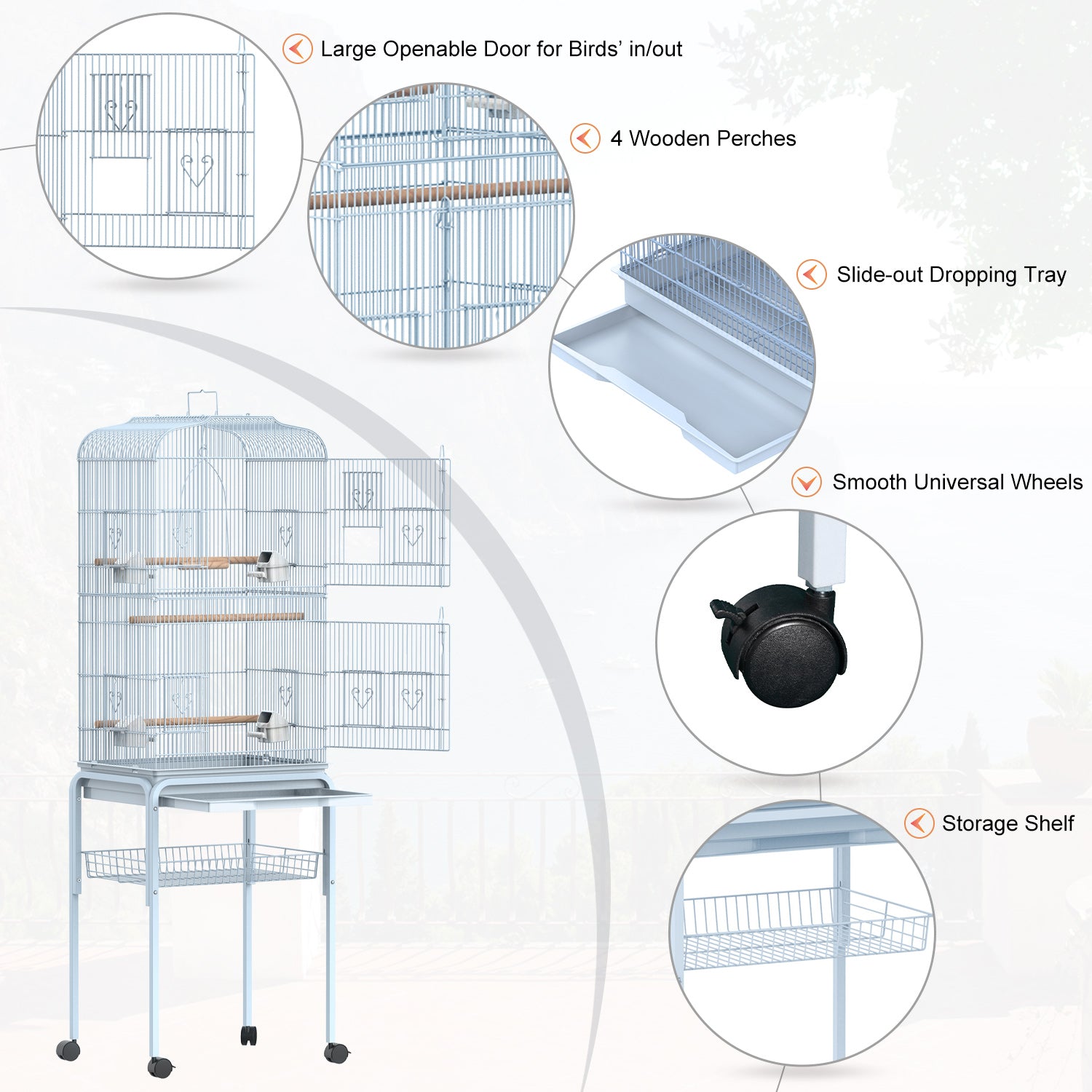 PawHut 60" Metal Indoor Bird Cage Starter Kit with Detachable Rolling Stand, Storage Basket, and Accessories, White