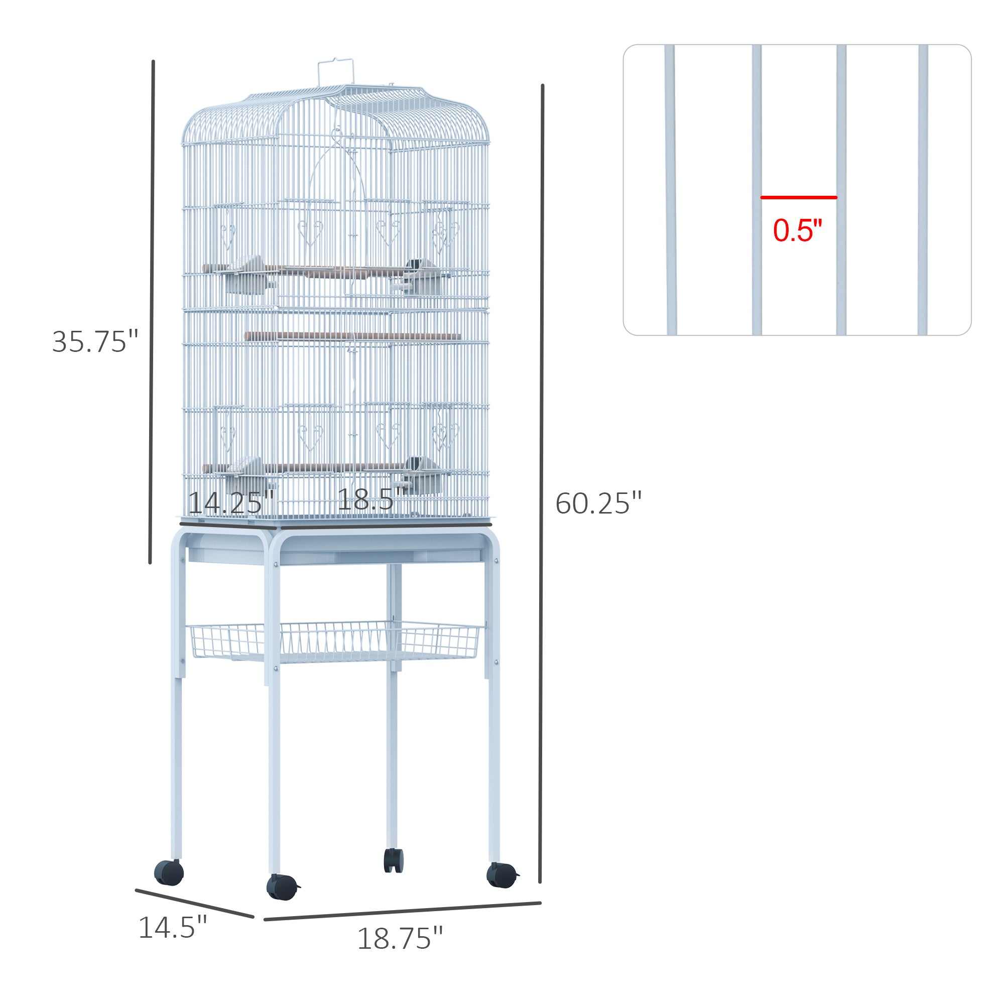 PawHut 60" Metal Indoor Bird Cage Starter Kit with Detachable Rolling Stand, Storage Basket, and Accessories, White