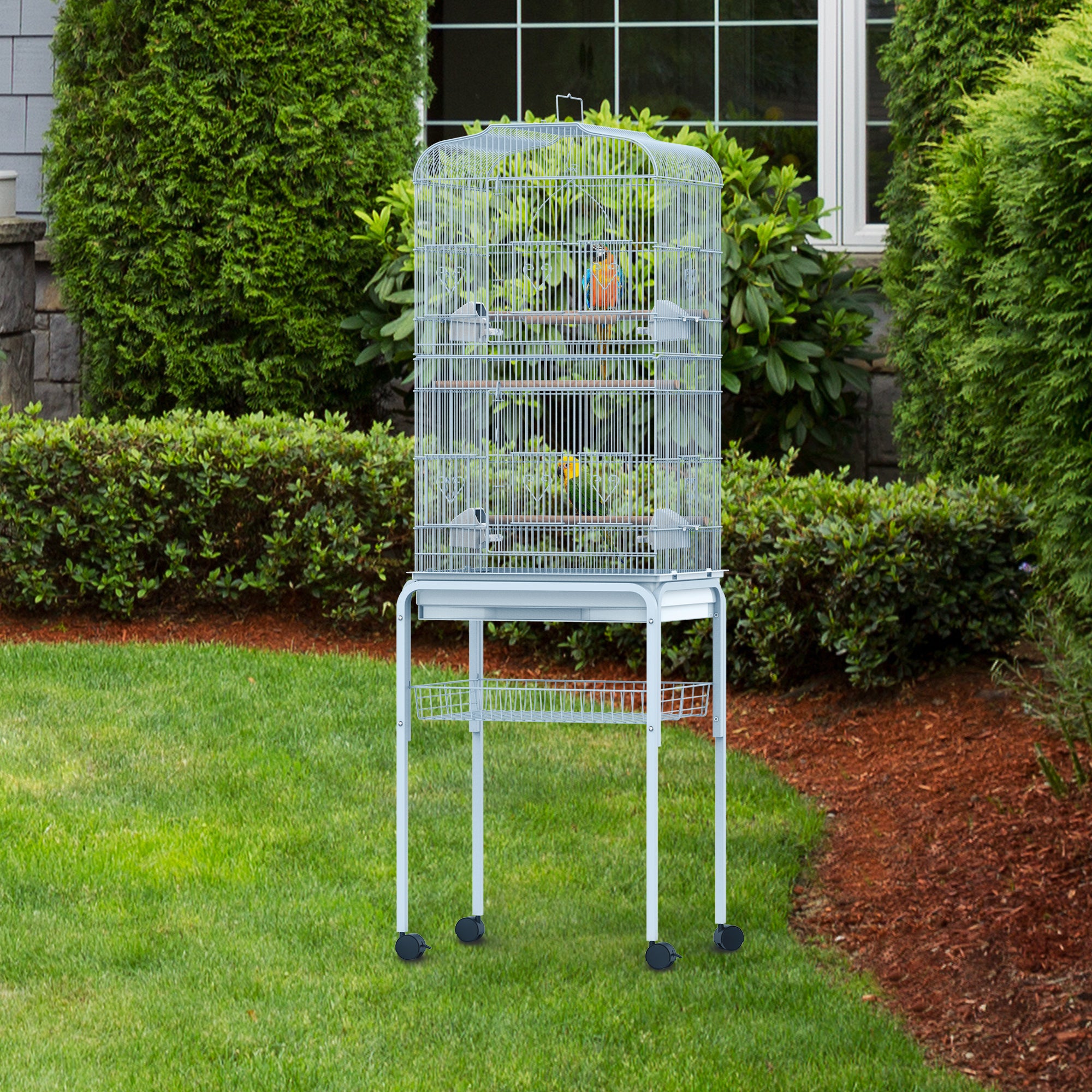 PawHut 60" Metal Indoor Bird Cage Starter Kit with Detachable Rolling Stand, Storage Basket, and Accessories, White