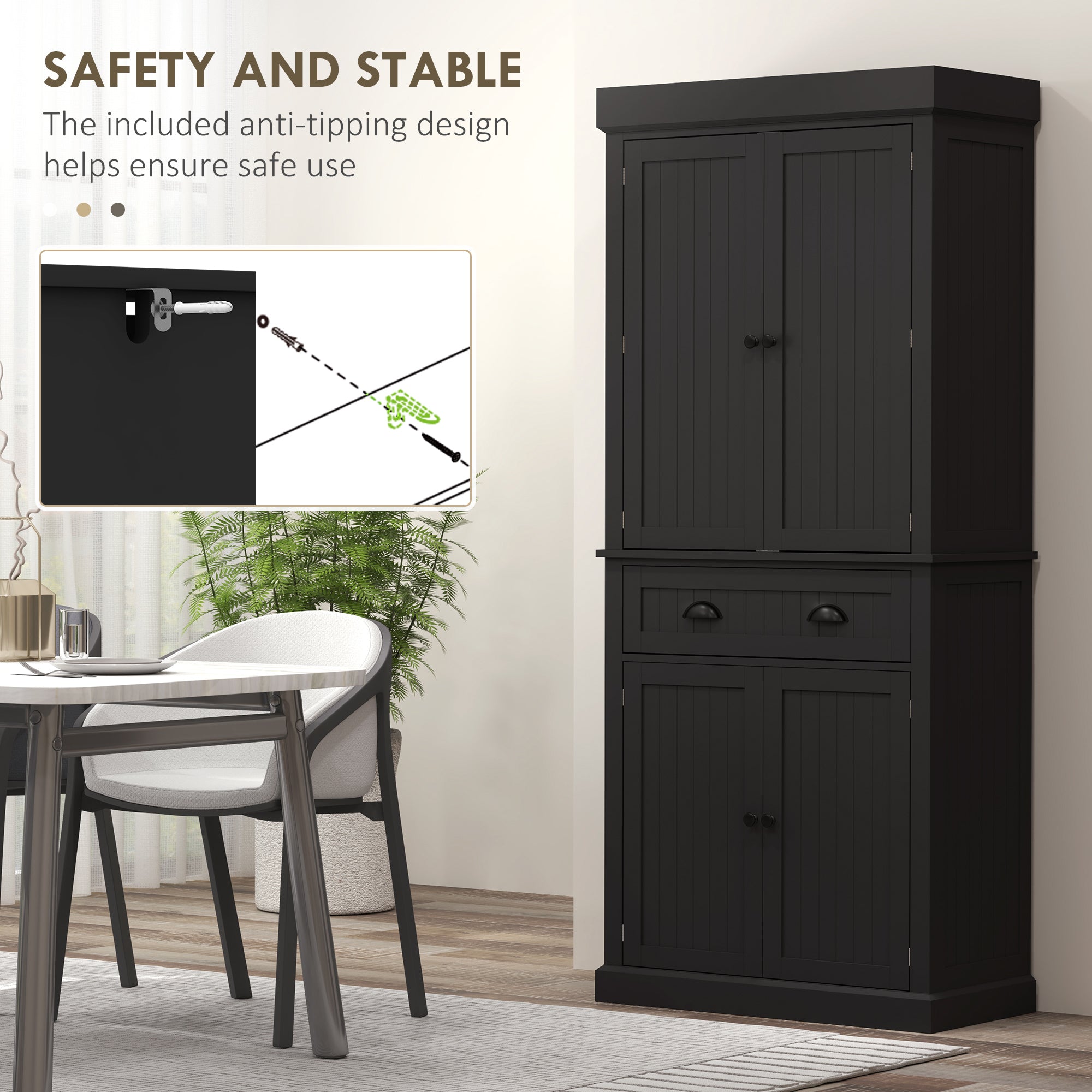 HOMCOM 71" Kitchen Pantry Cabinet with LED Motion Sensor Light, Tall Storage Cabinet with 6 Door Shelves, Drawer & Adjustable Shelves, for Living & Dining Room, Black