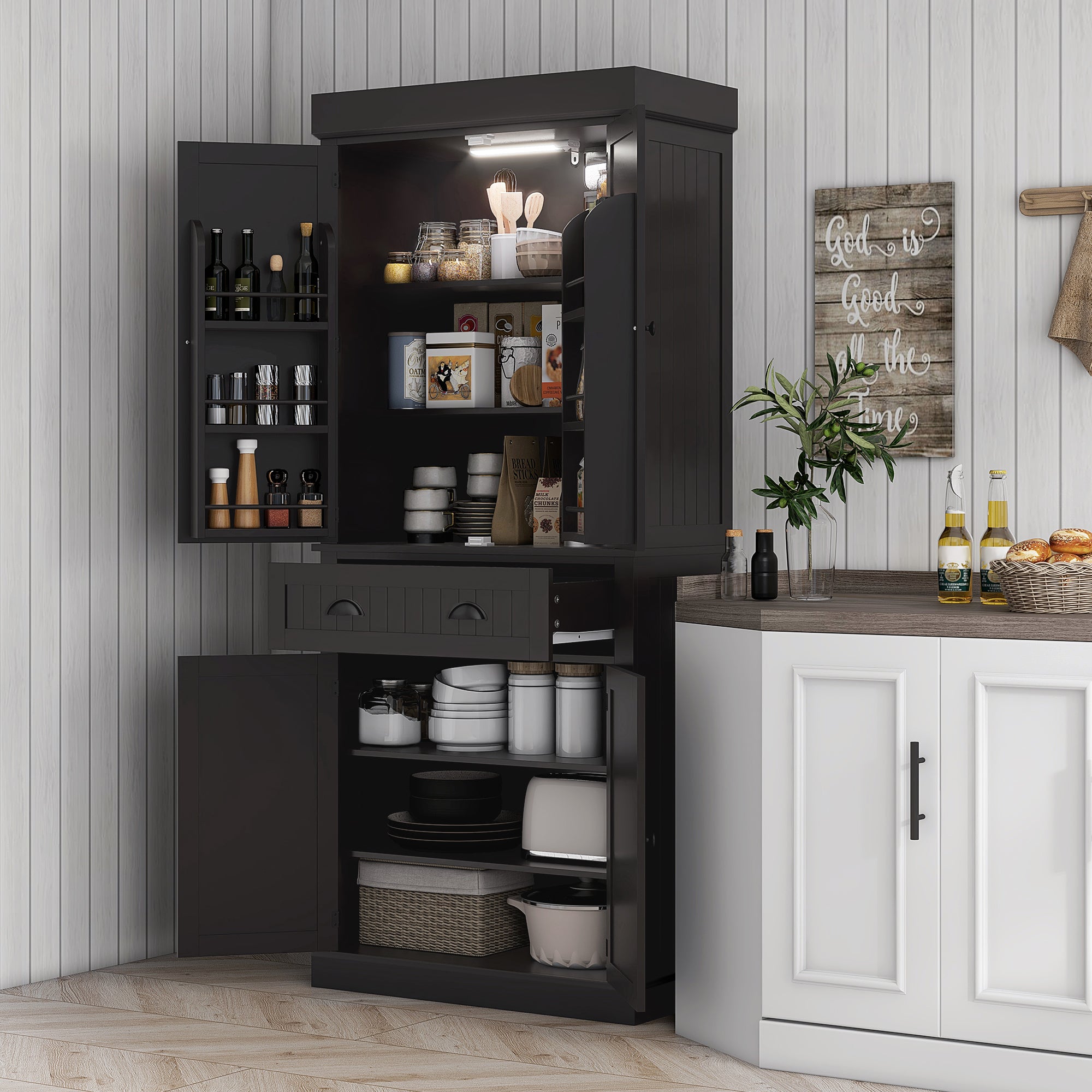 HOMCOM 71" Kitchen Pantry Cabinet with LED Motion Sensor Light, Tall Storage Cabinet with 6 Door Shelves, Drawer & Adjustable Shelves, for Living & Dining Room, Black