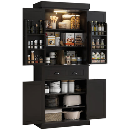 HOMCOM 71" Kitchen Pantry Cabinet with LED Motion Sensor Light, Tall Storage Cabinet with 6 Door Shelves, Drawer & Adjustable Shelves, for Living & Dining Room, Black