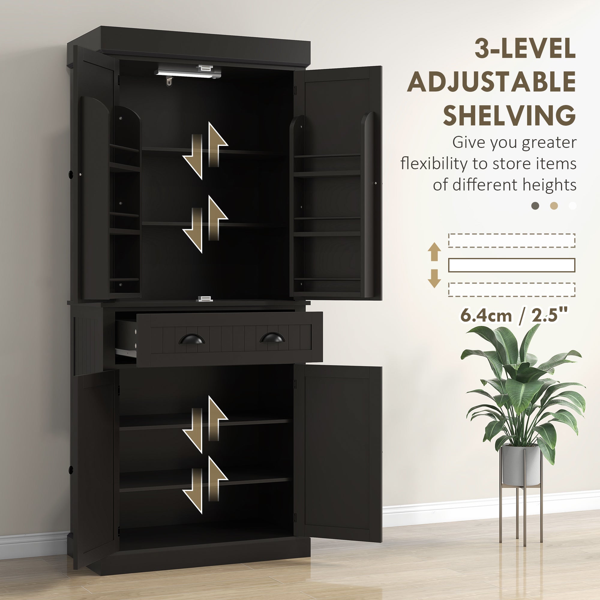 HOMCOM 71" Kitchen Pantry Cabinet with LED Motion Sensor Light, Tall Storage Cabinet with 6 Door Shelves, Drawer & Adjustable Shelves, for Living & Dining Room, Black
