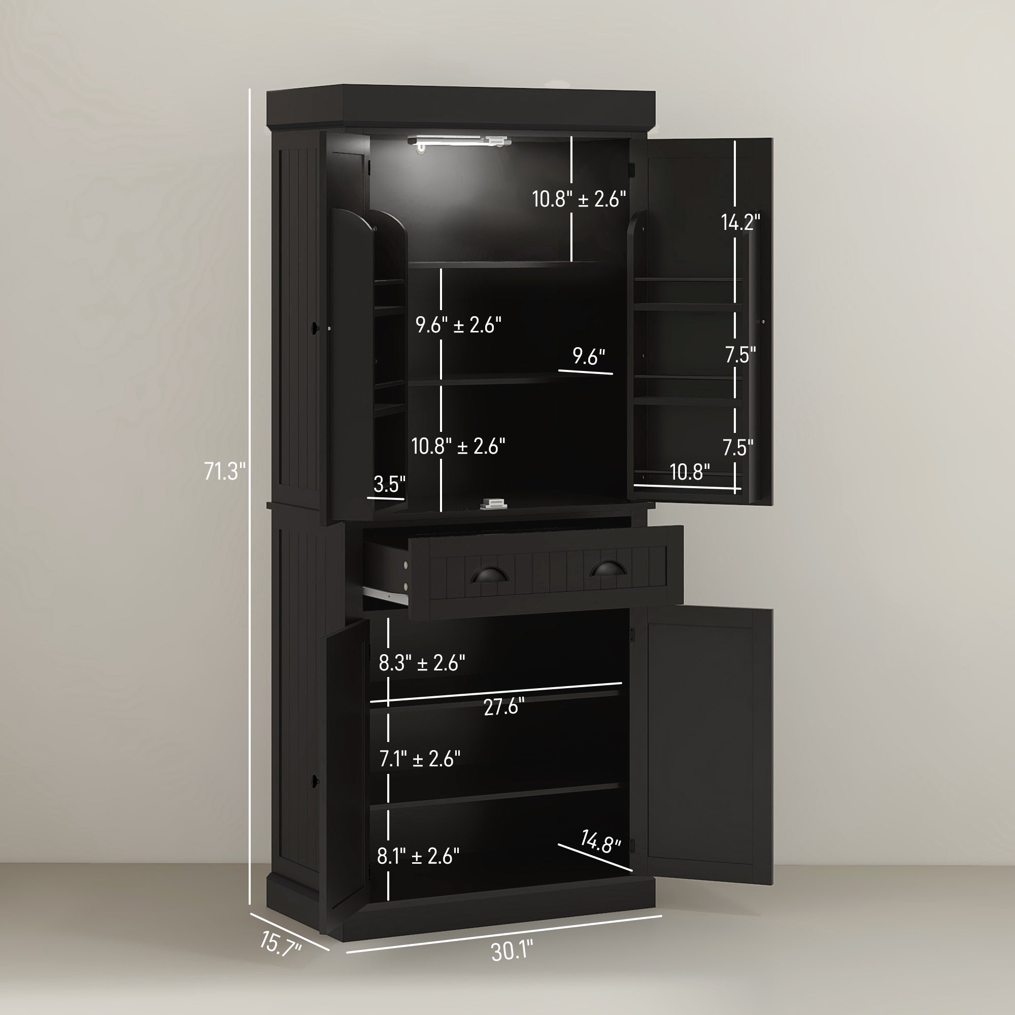 HOMCOM 71" Kitchen Pantry Cabinet with LED Motion Sensor Light, Tall Storage Cabinet with 6 Door Shelves, Drawer & Adjustable Shelves, for Living & Dining Room, Black