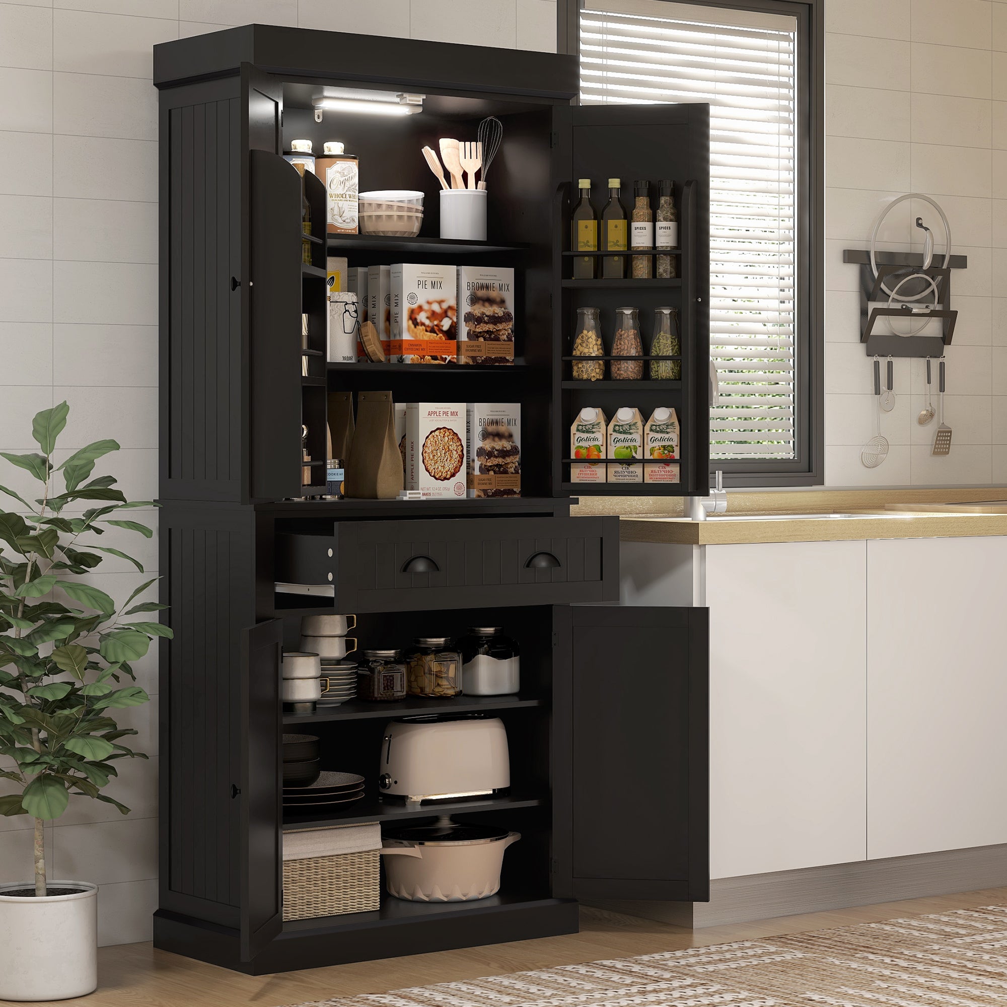HOMCOM 71" Kitchen Pantry Cabinet with LED Motion Sensor Light, Tall Storage Cabinet with 6 Door Shelves, Drawer & Adjustable Shelves, for Living & Dining Room, Black