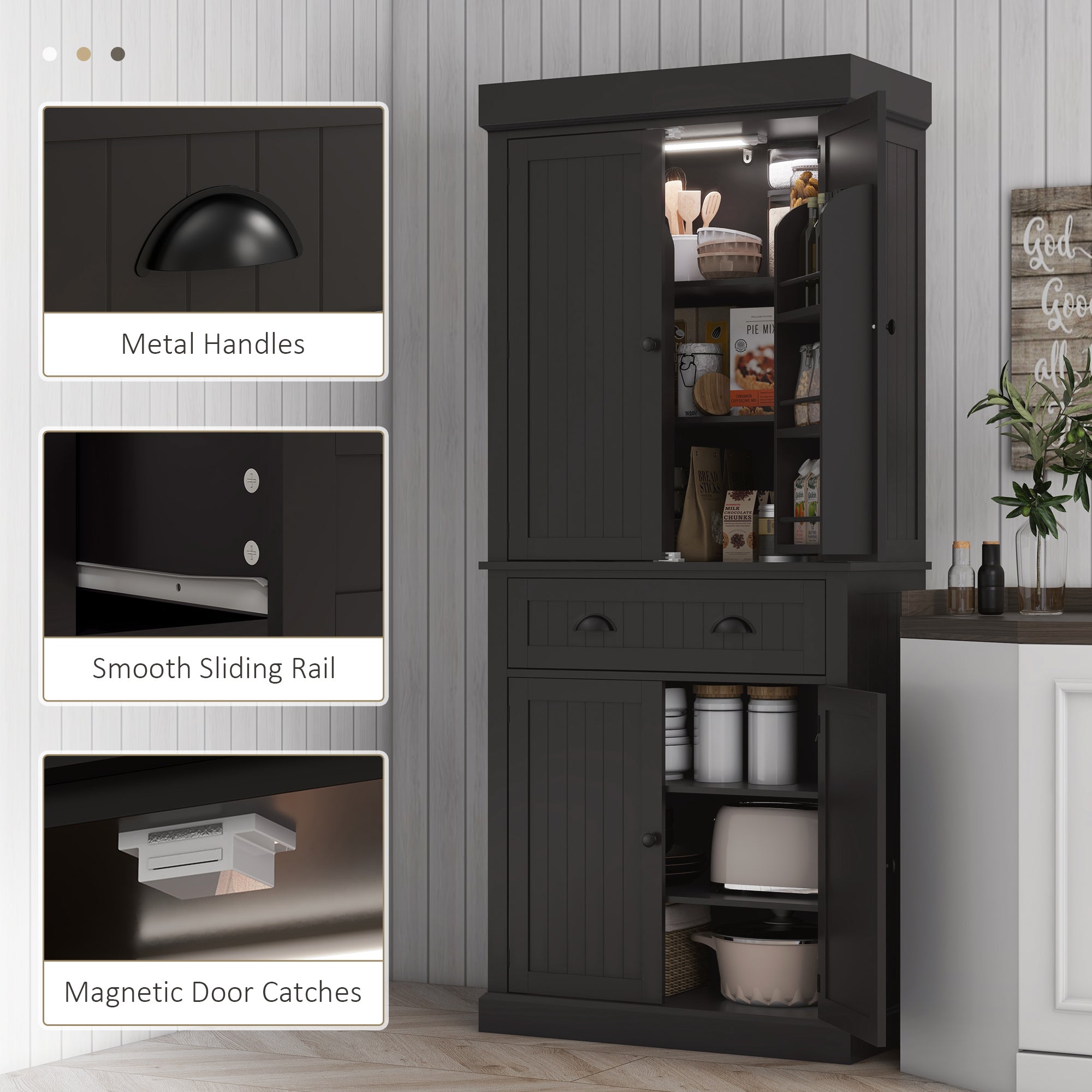 HOMCOM 71" Kitchen Pantry Cabinet with LED Motion Sensor Light, Tall Storage Cabinet with 6 Door Shelves, Drawer & Adjustable Shelves, for Living & Dining Room, Black
