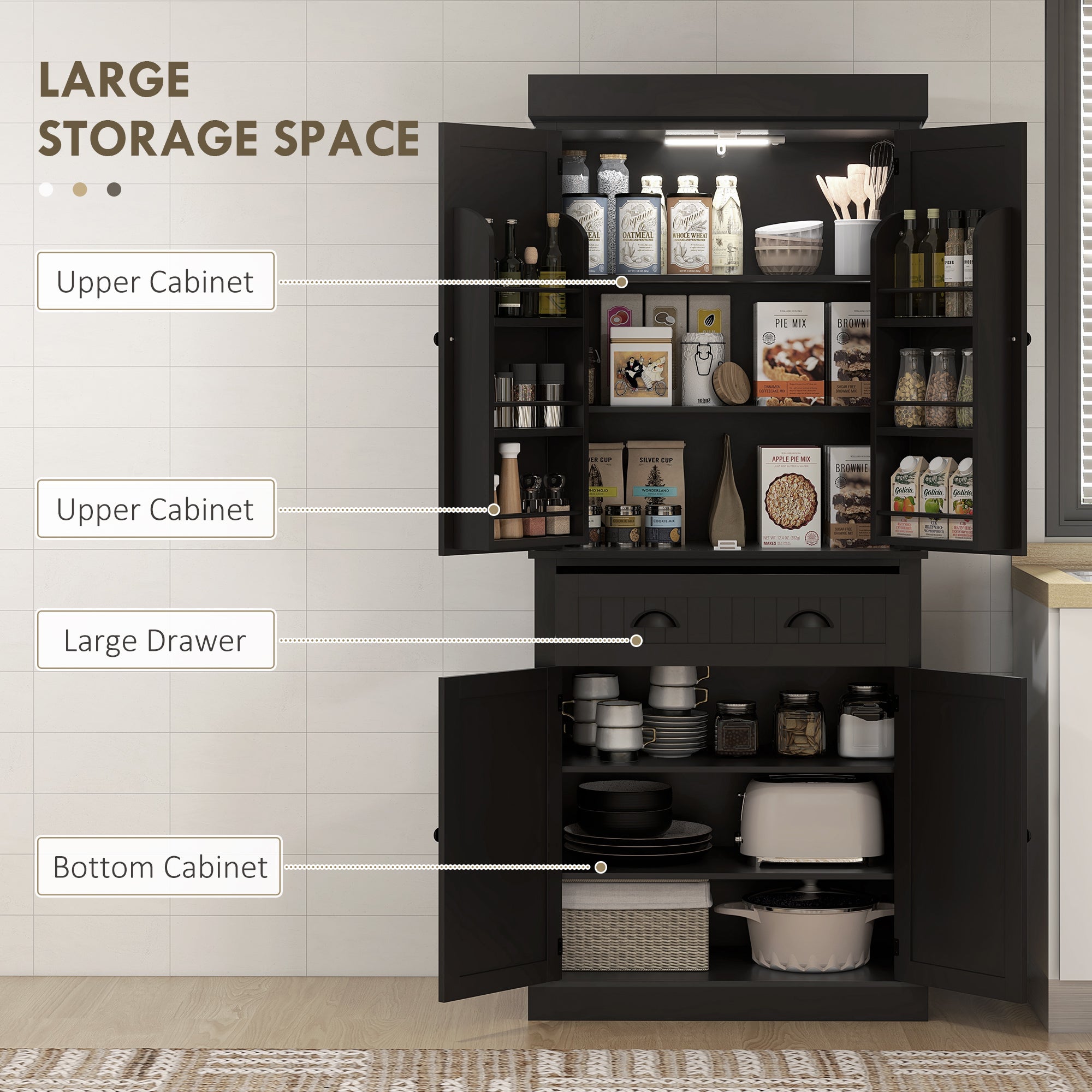 HOMCOM 71" Kitchen Pantry Cabinet with LED Motion Sensor Light, Tall Storage Cabinet with 6 Door Shelves, Drawer & Adjustable Shelves, for Living & Dining Room, Black