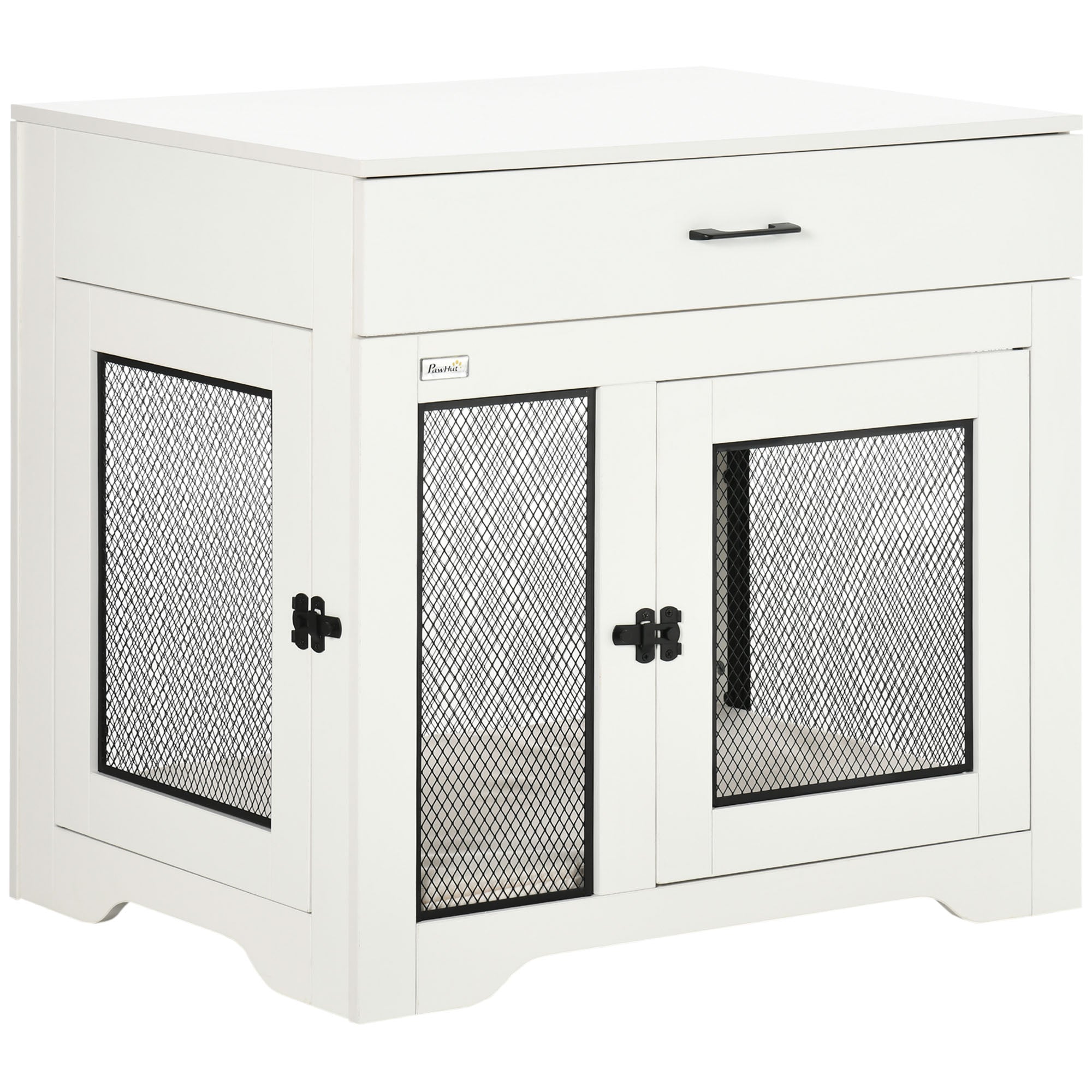 PawHut 32in Dog Crate Furniture with Cushion, 2 Doors, Dog Kennel End Table with Storage, Indoor Dog Cage for Small Medium Dogs, White