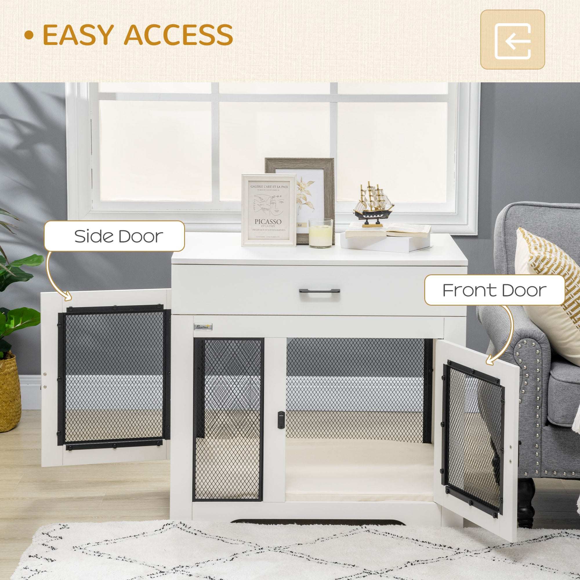 PawHut 32in Dog Crate Furniture with Cushion, 2 Doors, Dog Kennel End Table with Storage, Indoor Dog Cage for Small Medium Dogs, White
