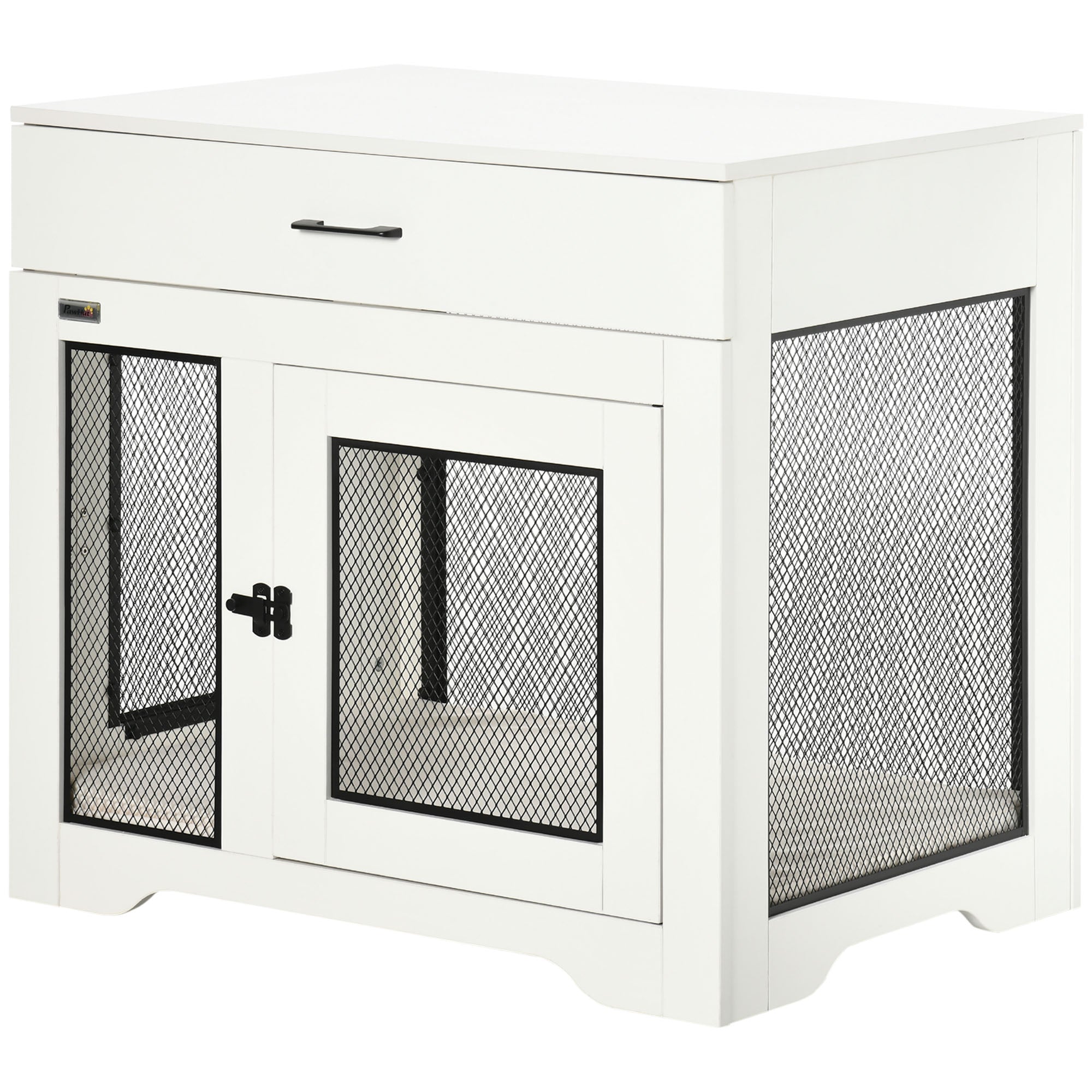 PawHut 32in Dog Crate Furniture with Cushion, 2 Doors, Dog Kennel End Table with Storage, Indoor Dog Cage for Small Medium Dogs, White