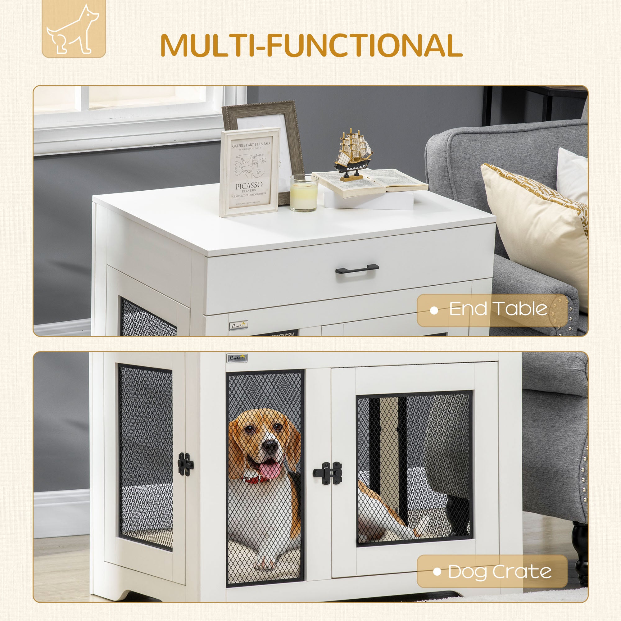 PawHut 32in Dog Crate Furniture with Cushion, 2 Doors, Dog Kennel End Table with Storage, Indoor Dog Cage for Small Medium Dogs, White