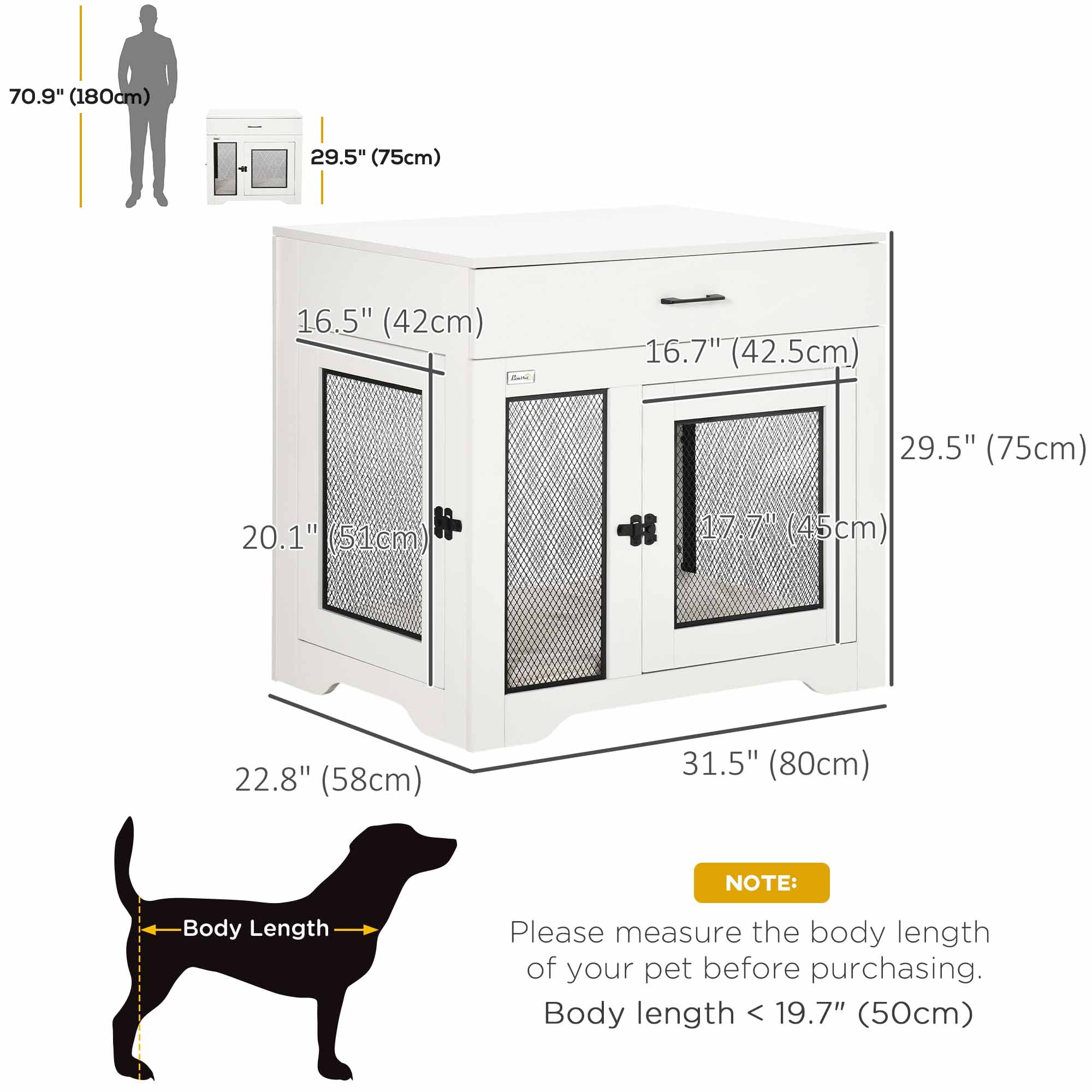 PawHut 32in Dog Crate Furniture with Cushion, 2 Doors, Dog Kennel End Table with Storage, Indoor Dog Cage for Small Medium Dogs, White