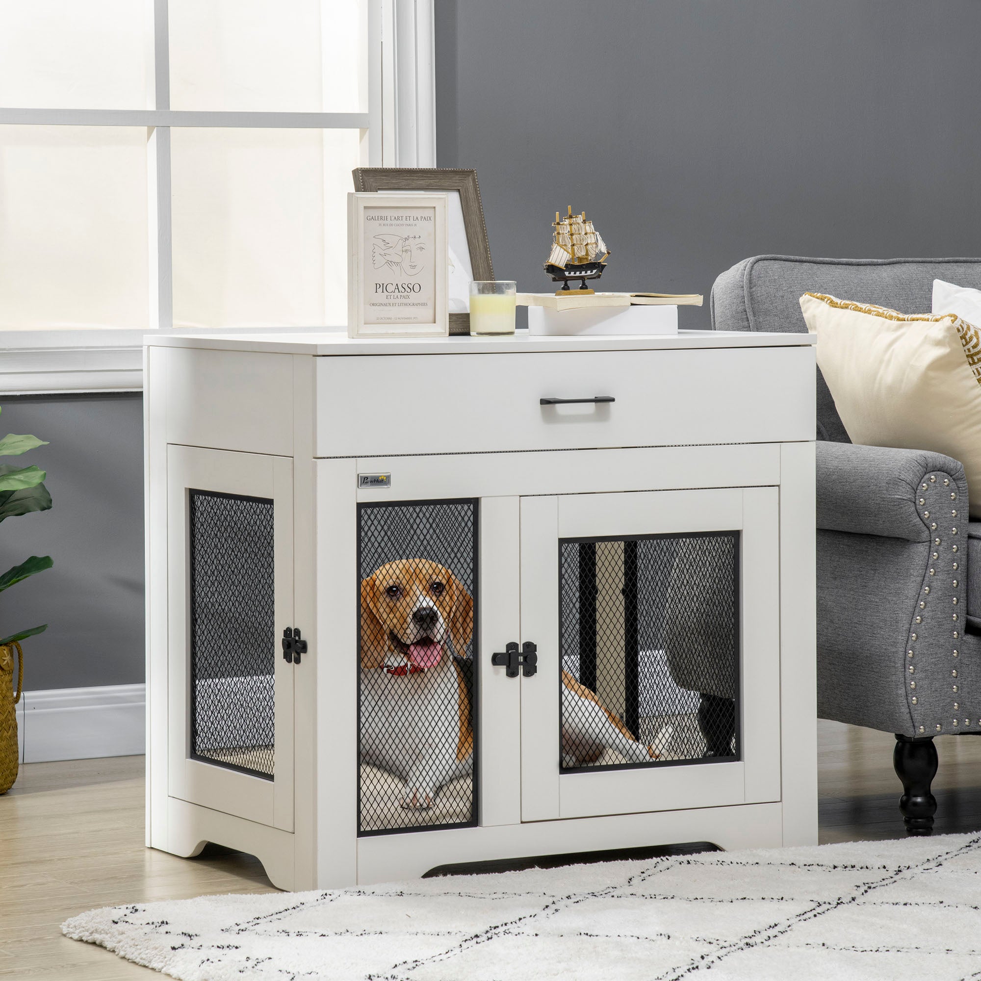 PawHut 32in Dog Crate Furniture with Cushion, 2 Doors, Dog Kennel End Table with Storage, Indoor Dog Cage for Small Medium Dogs, White