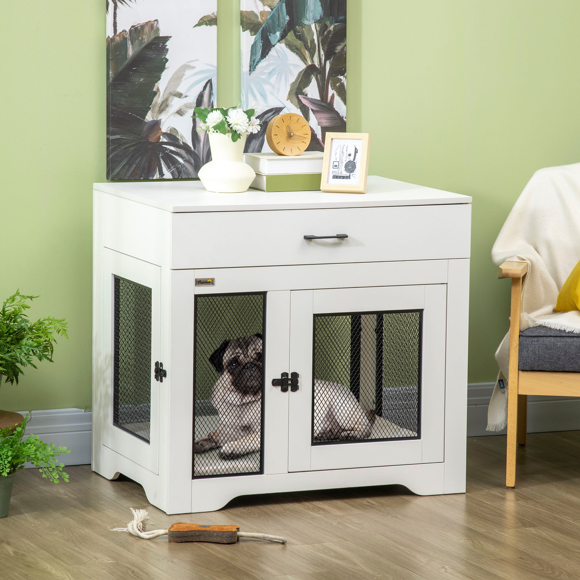 PawHut 32in Dog Crate Furniture with Cushion, 2 Doors, Dog Kennel End Table with Storage, Indoor Dog Cage for Small Medium Dogs, White