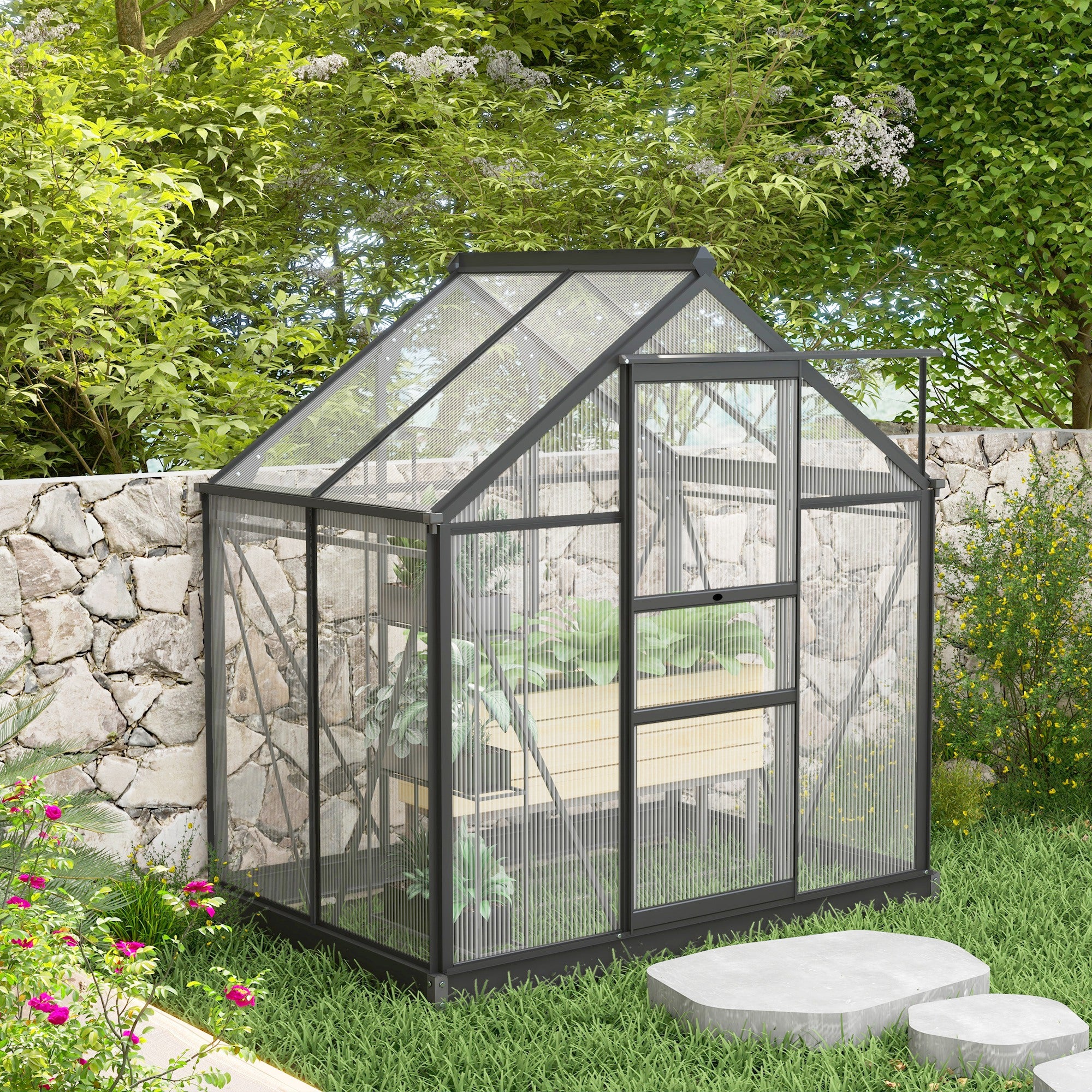 Outsunny 6' x 4' x 6.6' Polycarbonate Greenhouse, Walk-In Green House Kit Garden, Plants Grow, Galvanized Sheet Aluminum Frame with Rain Gutter, Vent and Sliding Door, Grey