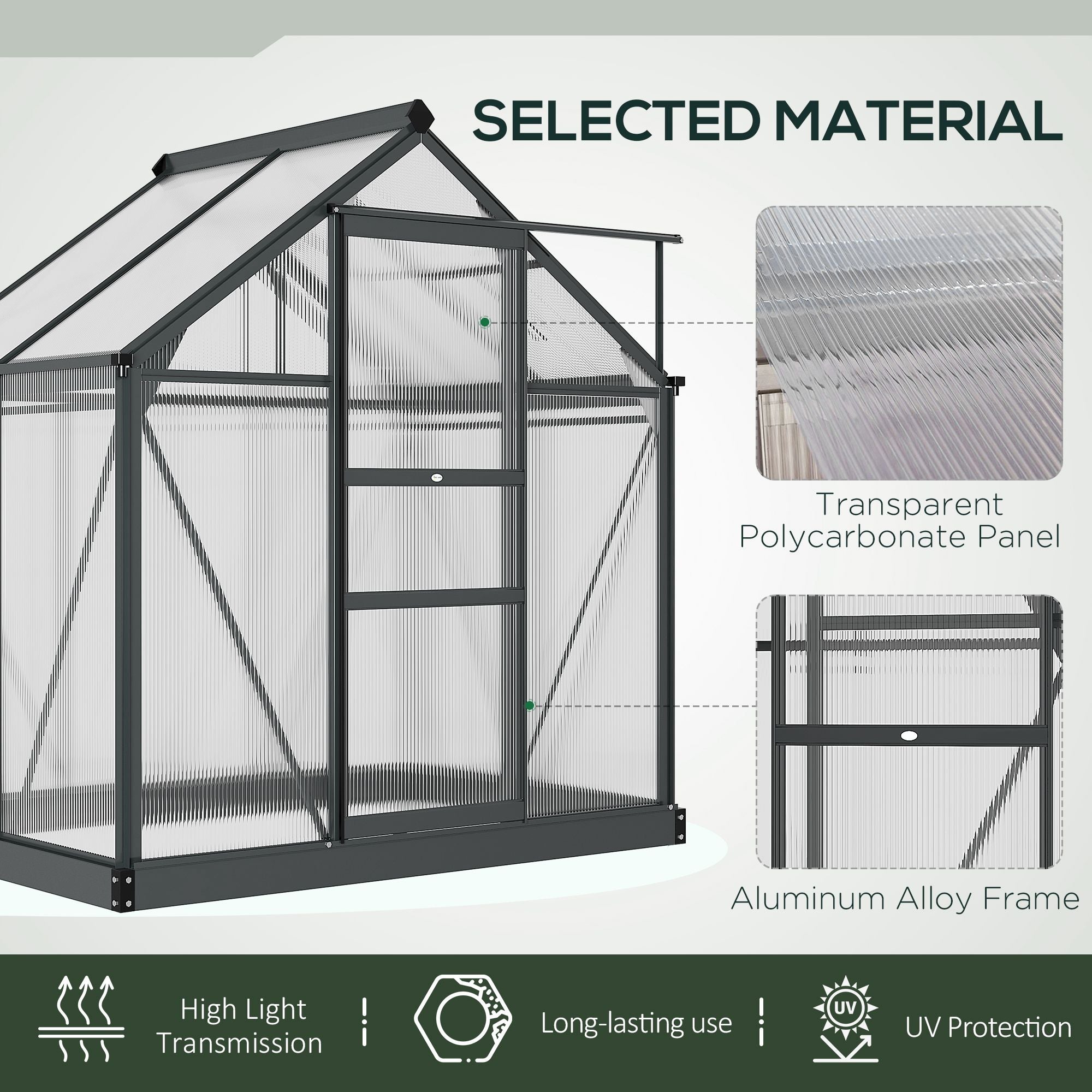 Outsunny 6' x 4' x 6.6' Polycarbonate Greenhouse, Walk-In Green House Kit Garden, Plants Grow, Galvanized Sheet Aluminum Frame with Rain Gutter, Vent and Sliding Door, Grey