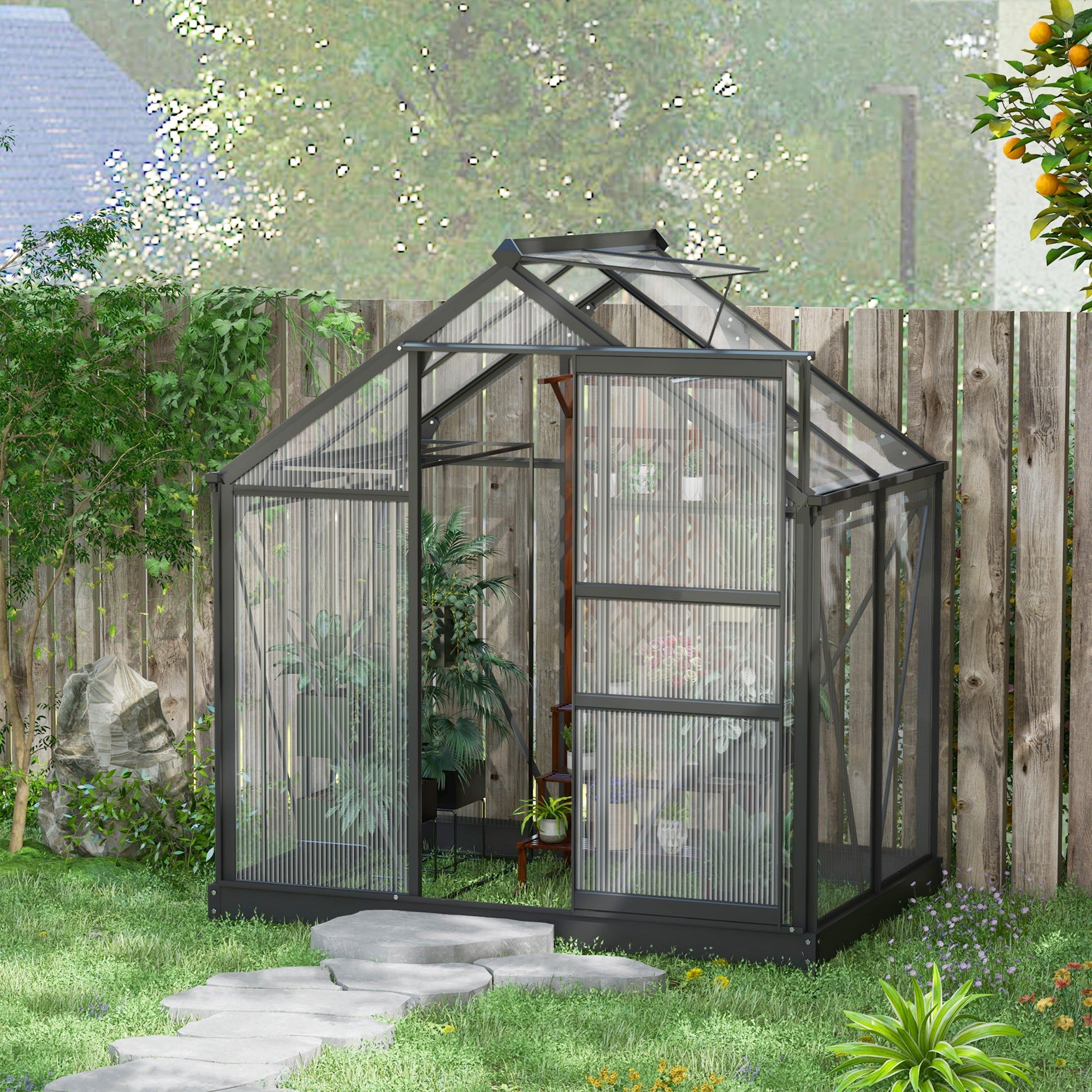 Outsunny 6' x 4' x 6.6' Polycarbonate Greenhouse, Walk-In Green House Kit Garden, Plants Grow, Galvanized Sheet Aluminum Frame with Rain Gutter, Vent and Sliding Door, Grey