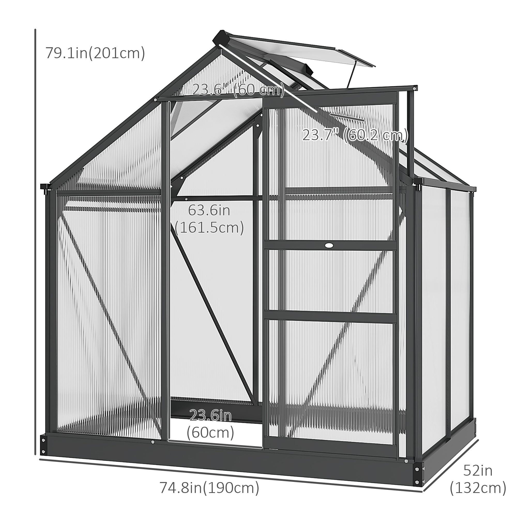 Outsunny 6' x 4' x 6.6' Polycarbonate Greenhouse, Walk-In Green House Kit Garden, Plants Grow, Galvanized Sheet Aluminum Frame with Rain Gutter, Vent and Sliding Door, Grey