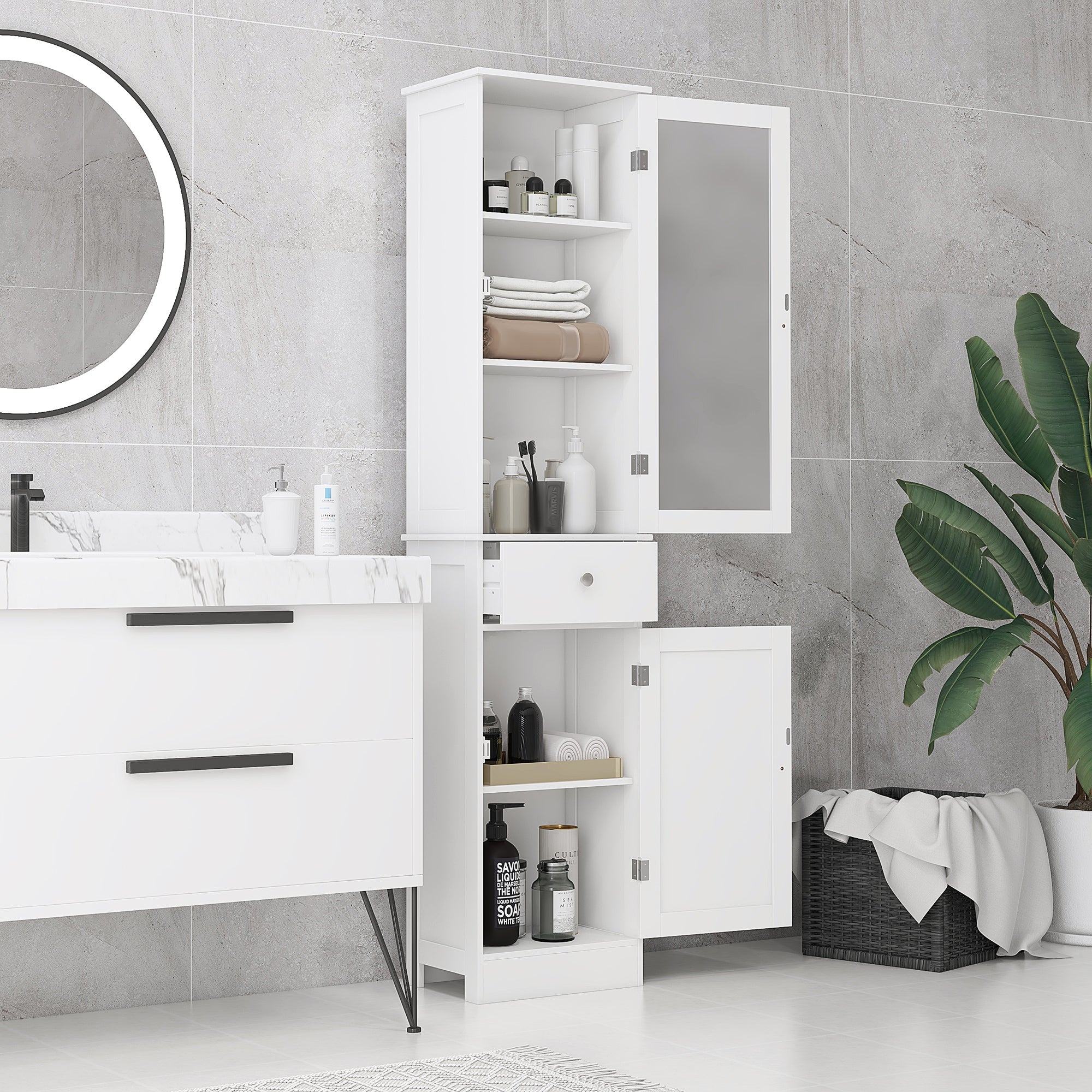 kleankin Bathroom Storage Cabinet with 3-tier Shelf Drawer, Floor Cabinet Free Standing Linen Tower Tall Slim Side Organizer Shelves, White