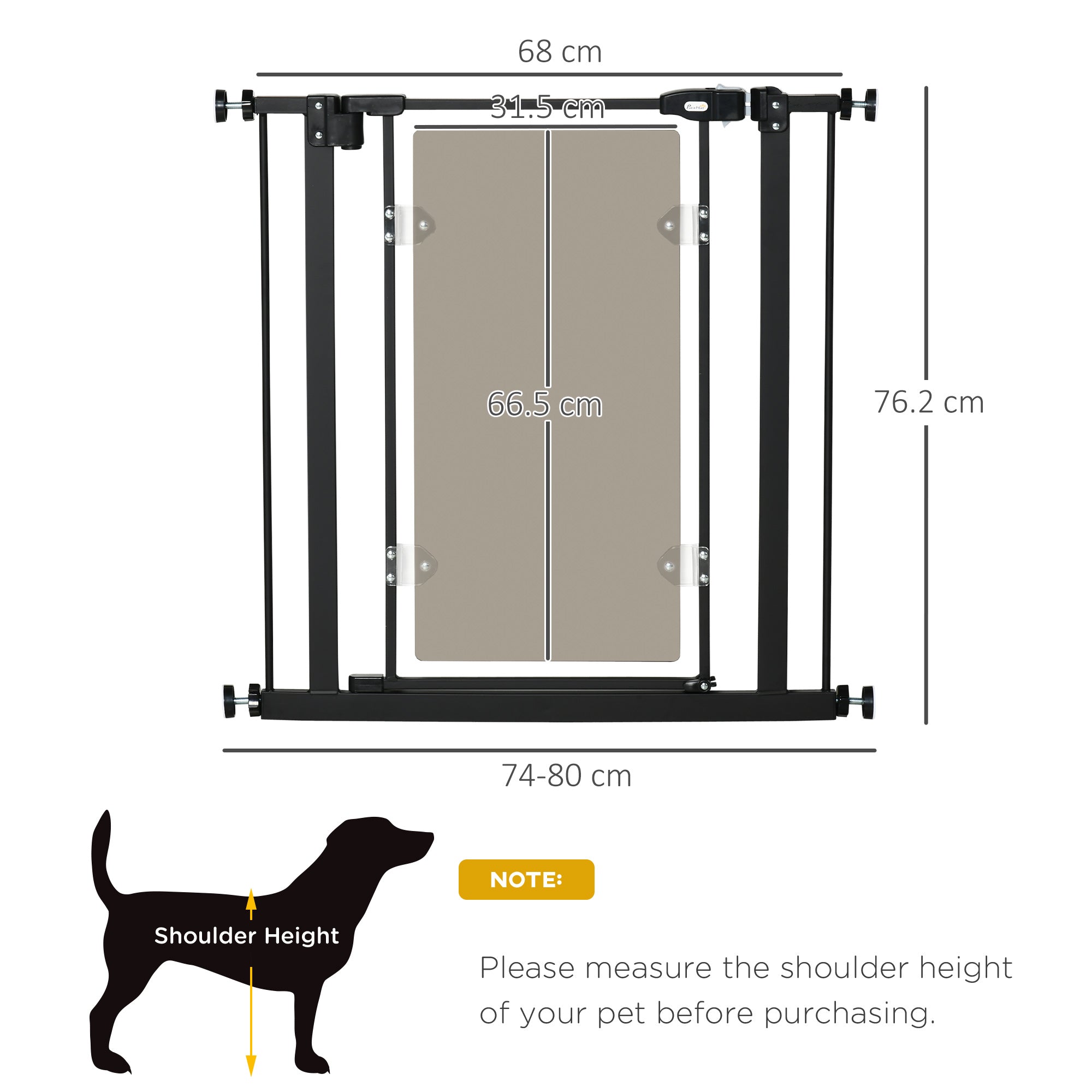 PawHut Pressure Fit Safety Gate for Doorways and Staircases, Dog Gate with Auto Closing Door, Pet Barrier for Hallways with Double Locking, Acrylic Panel, 74-80 cm - Black