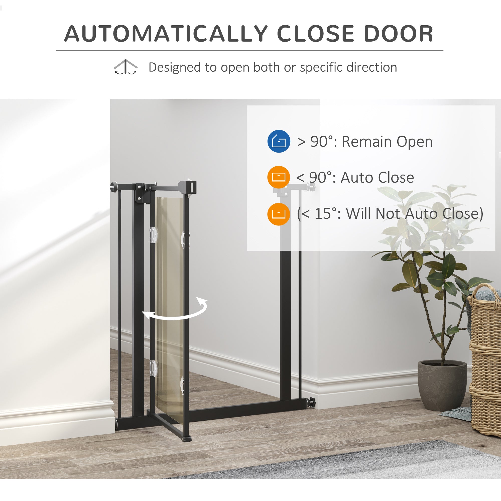 PawHut Pressure Fit Safety Gate for Doorways and Staircases, Dog Gate with Auto Closing Door, Pet Barrier for Hallways with Double Locking, Acrylic Panel, 74-80 cm - Black