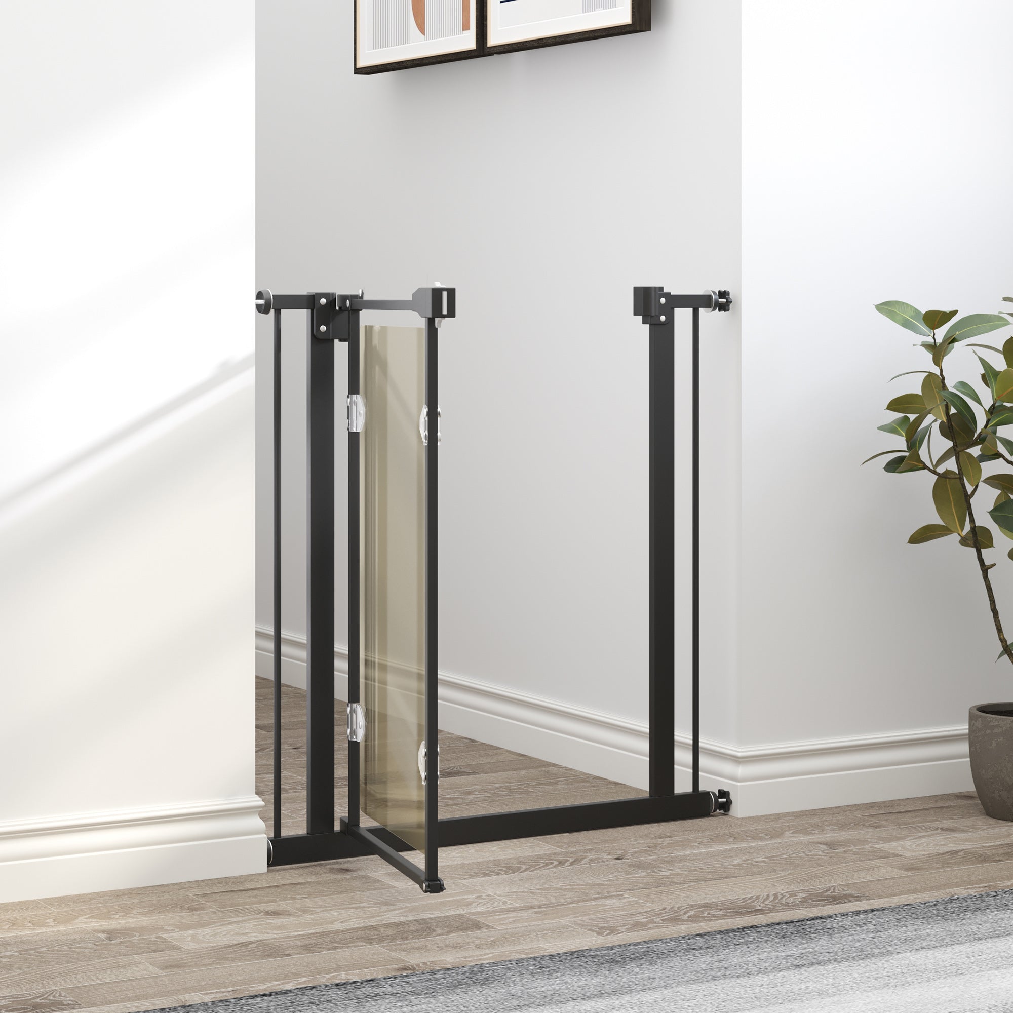 PawHut Pressure Fit Safety Gate for Doorways and Staircases, Dog Gate with Auto Closing Door, Pet Barrier for Hallways with Double Locking, Acrylic Panel, 74-80 cm - Black