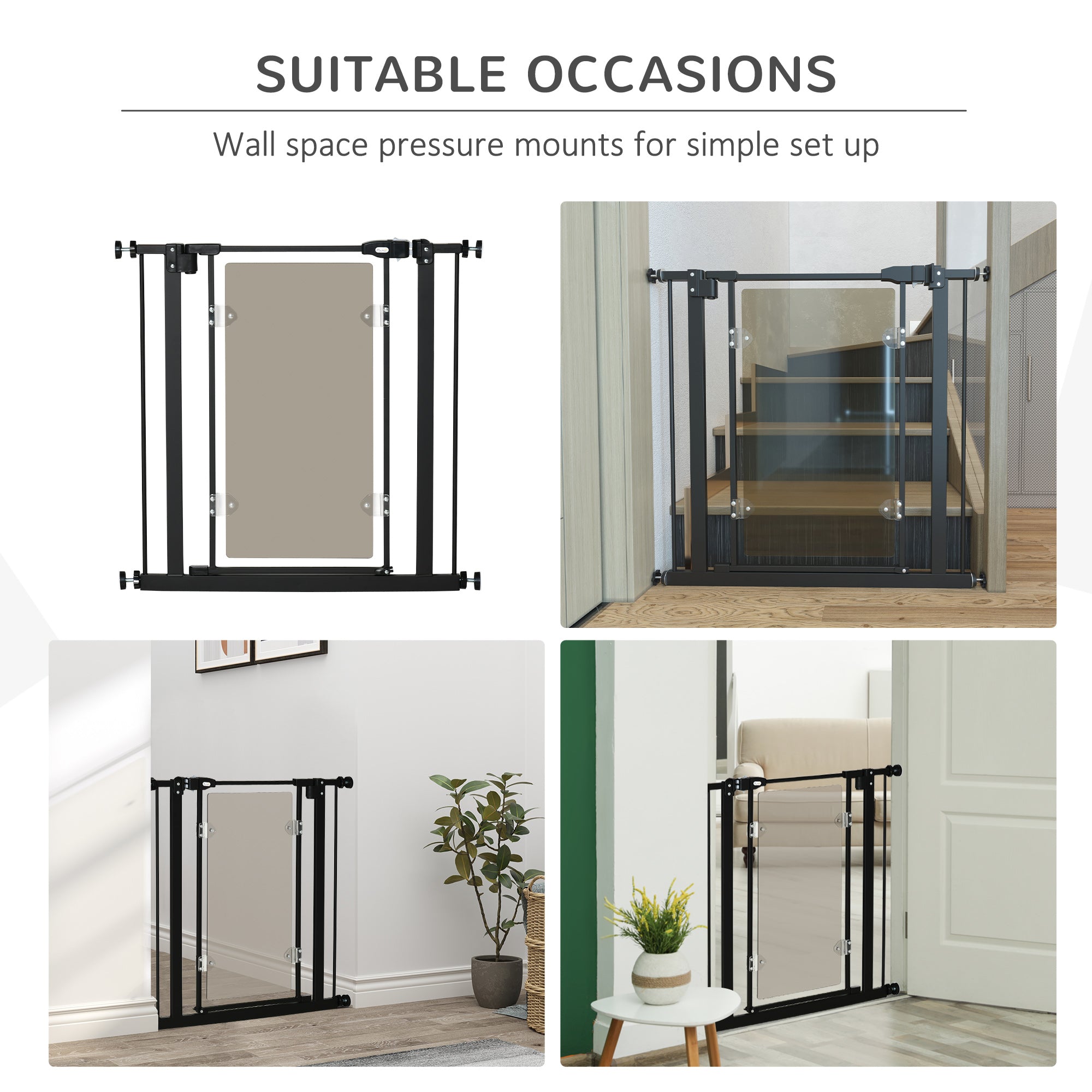 PawHut Pressure Fit Safety Gate for Doorways and Staircases, Dog Gate with Auto Closing Door, Pet Barrier for Hallways with Double Locking, Acrylic Panel, 74-80 cm - Black